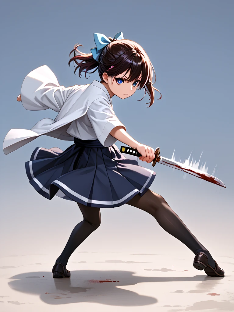 score_9, source_anime, holding katana, holding knife, hand on hilt, battle stance, dancing, lunge, 1girl, updo, hair bow, japanese clothes, open coat, full body, motion blur, motion lines, speed lines, wind lift, spin in place, [(((flaming_weapon, blood_on_knife))):14], <lora:girllikekatanaandknife_pony:0.6>