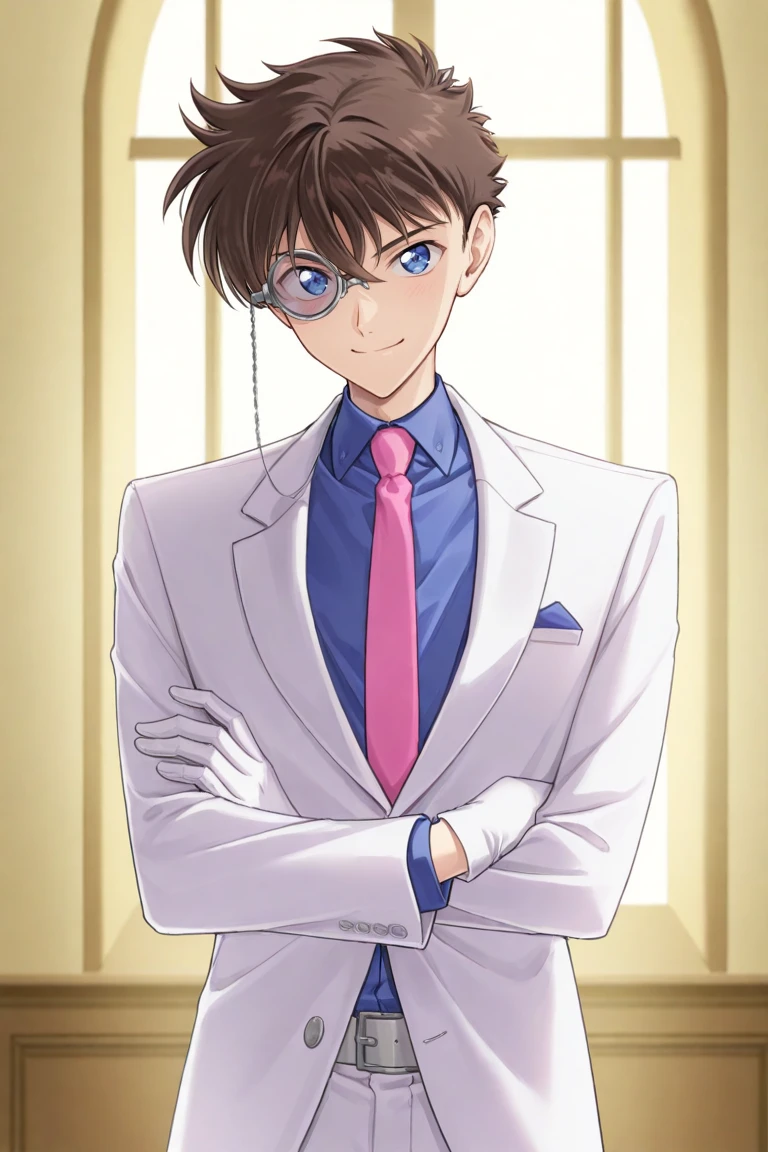 score_9, score_8_up, score_7_up, score_6_up, score_5_up,score_4_up, ,highly detailed, high quality, detailed shading, detailed skin
 masterpiece, best quality, very aesthetic, absurdres, high resolution, newest, cute 
kaito_1412, brown hair, blue eyes, male focus, 1boy, solo, monocle, formal,white jacket,  pink necktie, white pants, white gloves,  smile, looking at viewer, crossed arms