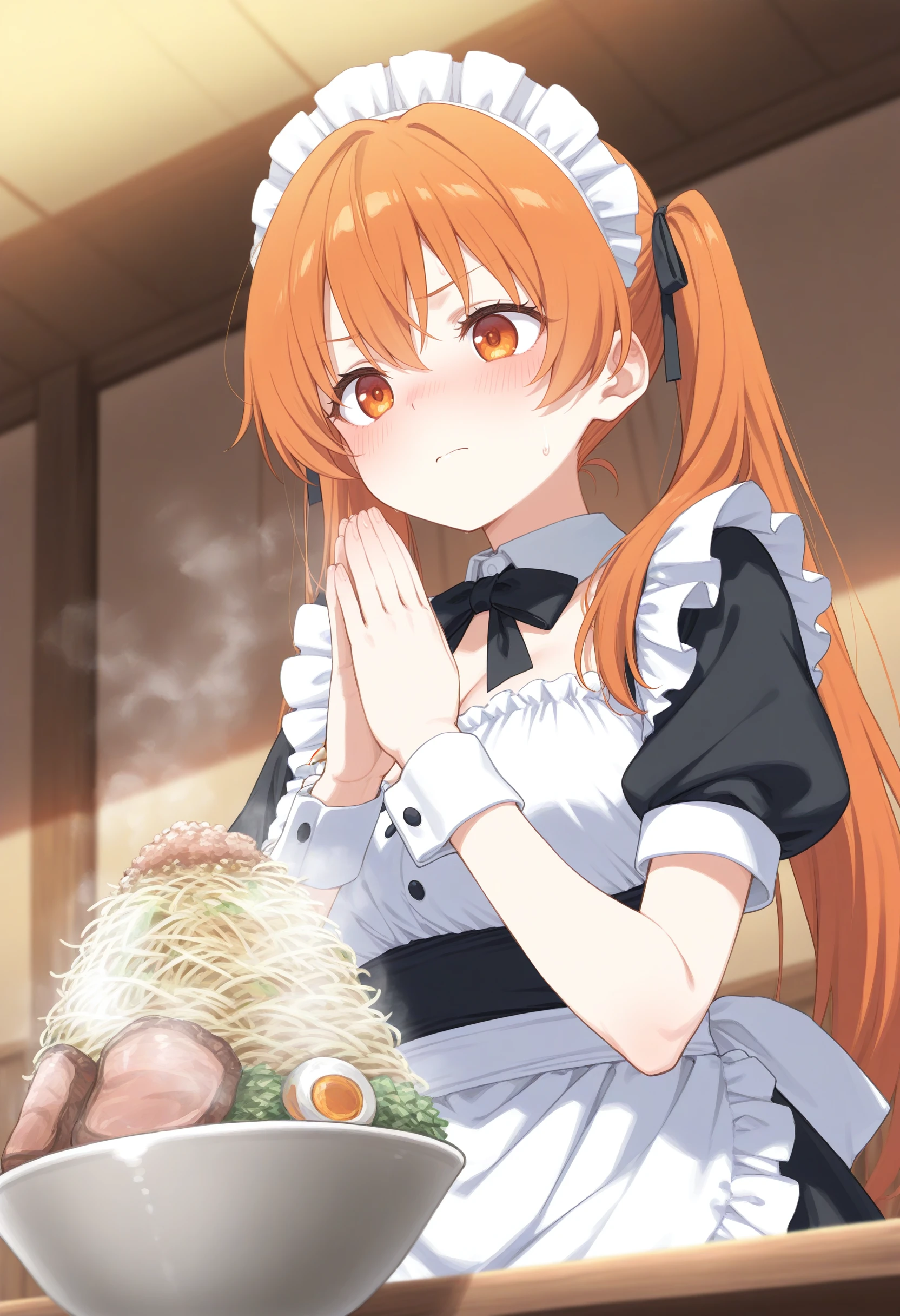 1girl,(sho \(sho lwlw\):0.7),(toosaka asagi:0.5),(sincos:0.3),solo,
masterpiece, best quality, newest, absurdres, CG, anime, source anime, illustration,
maid, maid headdress,medium breasts,
jirou,ramen,noodles, sitting, table, own hands together, palms together, hands up, steam, <lora:jirou_Illust_v1:0.8>
from below, wide shot, looking ahead, orange hair, orange eyes,nose blush, twintails hair,