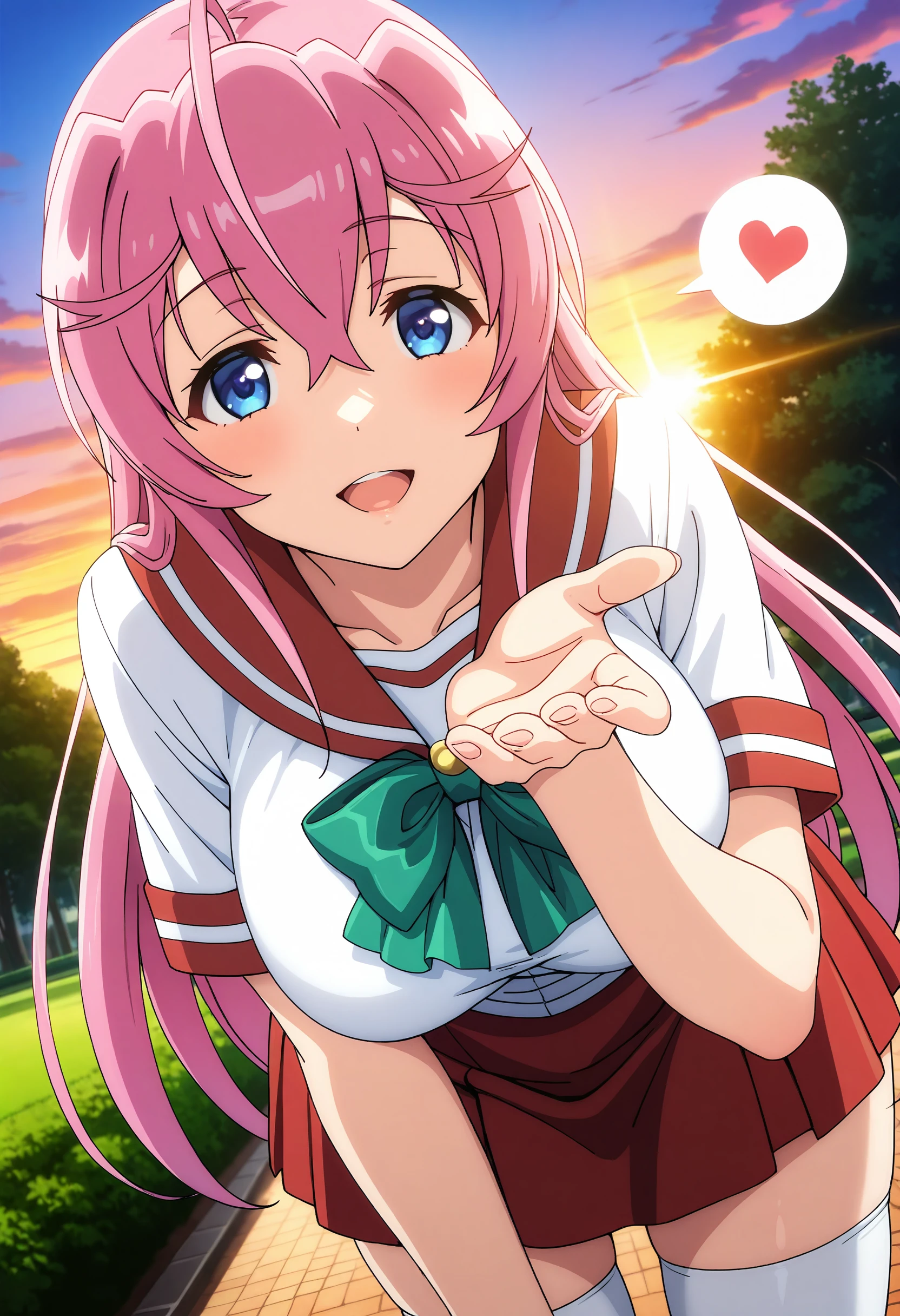 best quality, masterpiece, anime_screencap, hi res, best_quality, very aesthetic, absurdres, 8k, otmn, 1girl, female_focus, ahoge,
large breasts,
smile, happy, looking at viewer, open_mouth,
spoken heart, bent over, blowing kiss, winking_at_viewer, school uniform, short sleeves, green bow, red skirt, white thighhighs,
cowboy shot, dutch angle, fantasy, outdoors, noon, beautiful lighting, ray traced, diffraction spikes, lens flare, beautiful sky, park