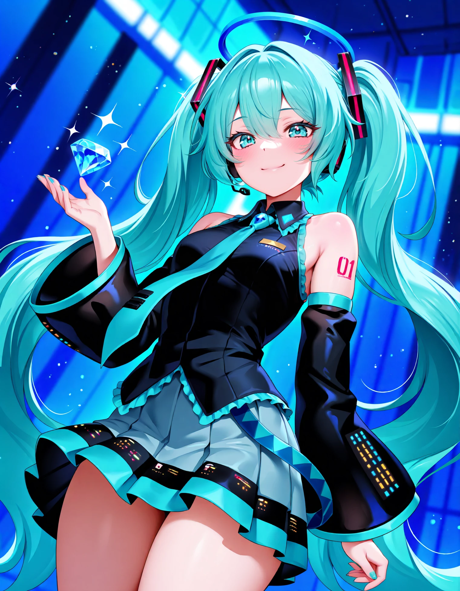  Mdastarou, 1girl, solo, hatsune miku, aqua hair, aqua eyes, twintails, necktie, skirt, pleated skirt, black shirt, bare shoulders, headset, smile, holding blue gem, sparkles, blue halo, mechanical halo, blue theme, from below, blurry background,