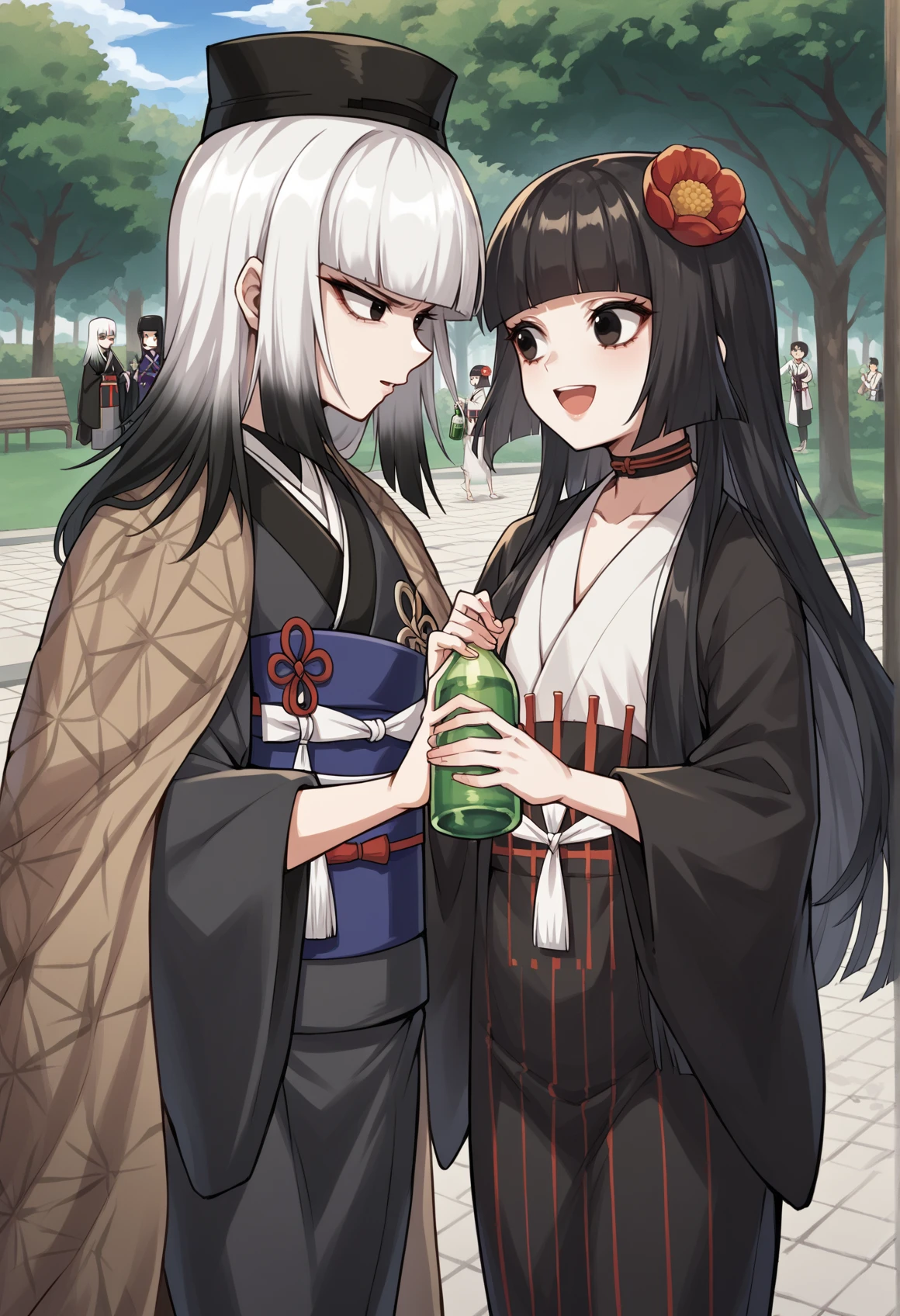2girls, outdoors, park, 1girl, pale skin, long hair, gradient hair, white hair, black hair, black eyes, japanese clothes, kimono, grey kimono, obi, long sleeves, wide sleeves, black hat, Brown cape, disgust, looking at another, <lora:Komahime_pony_v2:1>
BREAK
2girls, outdoors, park, 1girl, pale skin, long hair, black hair, black eyes, hime cut, hair ornament, hair flower, blunt bangs, choker, japanese clothes, kimono, black kimono, white shirt, obi, wide sleeves, looking at another, smile, open mouth, holding bottle, green liquid, score_9, score_8_up, score_7_up, score_6_up, score_5_up, score_4_up, BREAK source_anime, masterpiece