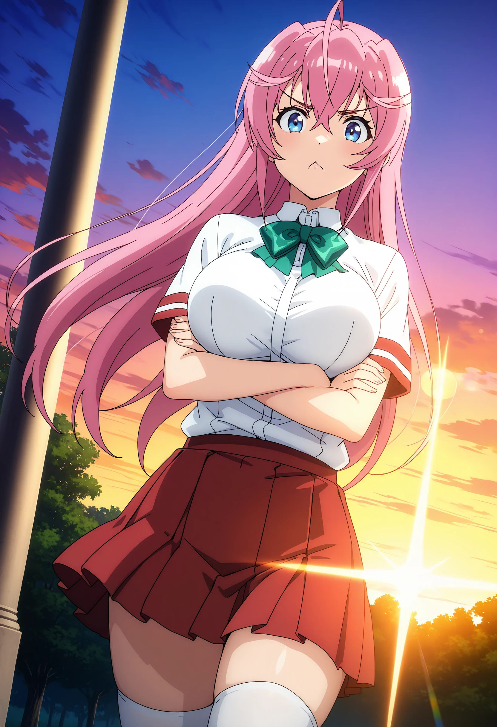 best quality, masterpiece, anime_screencap, hi res, best_quality, very aesthetic, absurdres, 8k, otmn, 1girl, female_focus, ahoge, 
large breasts, 
happy, looking at viewer, pouting, pouty_lips, v-shaped_eyebrows,
crossed_arms, school uniform, short sleeves, green bow, red skirt, white thighhighs,
cowboy shot, dutch angle, fantasy, outdoors, noon, beautiful lighting, ray traced, diffraction spikes, lens flare, beautiful sky, park
