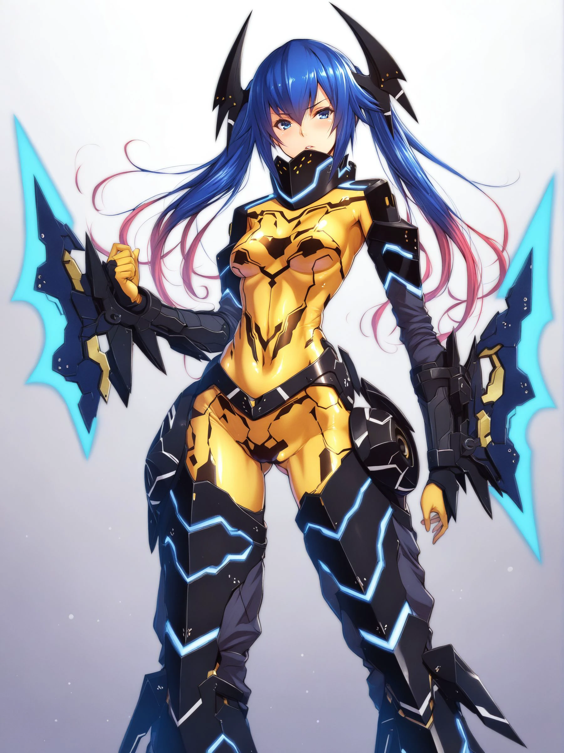 masterpiece, highres, 1girl, solo,  <lora:Zelsius:1>, quna, zelsius, yellow bodysuit, two-tone hair, twintails, blue eyes, wrist blades, detached sleeves, long hair, hair ornament, black baggy armored zelsiuspants, extremely glossy