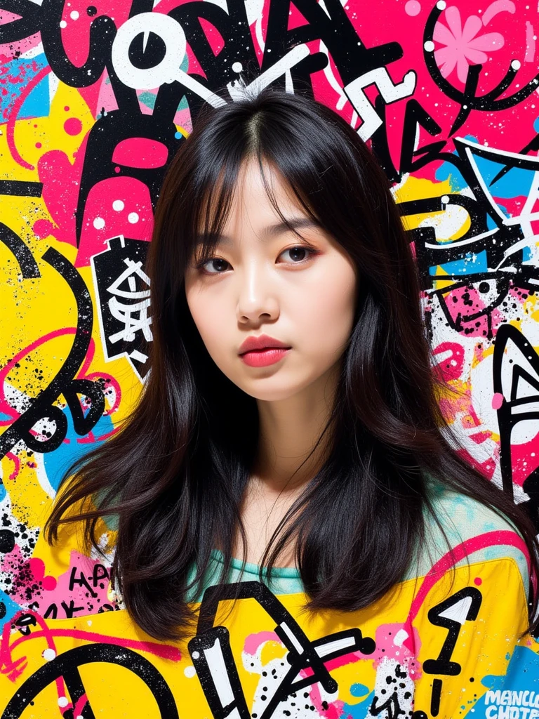 Modern Art,XHighclass_Photoshoot,HDPortrait_photo,Vivid Graffiti Artwork with a central portrait of a asian woman,surrounded by abstract shapes and text that reads 'ARTS',