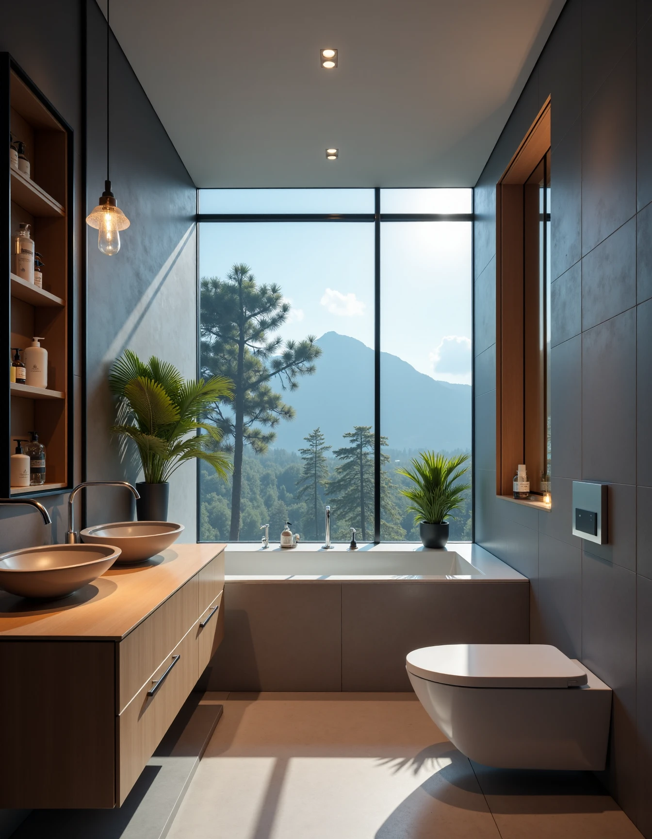 <lora:JJsBathroom_Flux:1> ,(bathroom)), indoors, scenery, ceiling light,dramatic lighting, aucet, no humans, plant, scenery, sink, tile wall, toilet, window, sky,, photography, capturing moments, storytelling, creative composition