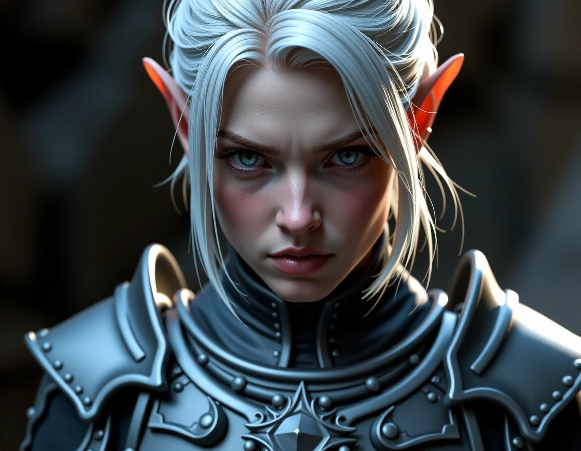 a photo, girl, modelshoot style, breastplate, trending on ArtStation, trending on CGSociety, Intricate, High Detail, Sharp focus, dramatic, (((Drow Woman))), Elf Ears, ((white Hair)), (((short hair))), older, ((mature woman)), Elf, Drow, detailed eyes, intricate detail, stern expression, dark shadows, detailed shadows, ((mature_female)), Good eye, white pupils, clothes, Rainbowpatch, best quality masterpiece, photorealistic, detailed, 8k, HDR, shallow depth of field, broad light, high contrast, backlighting, bloom, light sparkles, chromatic aberration, sharp focus, RAW color photo, cinematic lighting, octane render, volumetric lighting,, raw, masterpiece, HDR, 8K, UHD, soft lighting, crisp, clear, cinematic lighting, highly detailed