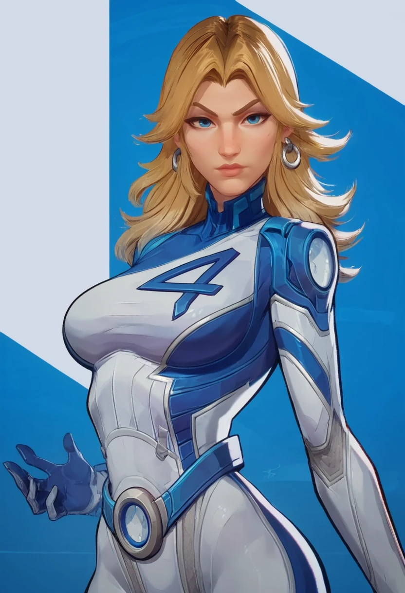 score_9, score_8_up, score_7_up, score_6_up, expressiveh, invisiblewoman_rivals, 1girl, solo, cropped, cowboy shot, upper body, blonde hair, long hair, eyeliner, blue eyes, earrings, bodysuit, white bodysuit, white clothes, gloves, belt, blue details, looking at viewer, blue background, geometric shapes, <lora:Invisible_Woman_Marvel_Rivals_-_PonyXL:0.9>