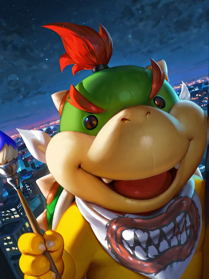 <lora:BowserJrIllustrious-000060:1> BowserJr, shelled, kerchief, bandana, spiked shell, scalie, (dot eyes) koopa, BREAK
enface portrait, face focus, dutch angle, open mouth, paintbrush, spikes \(anatomy\),, BREAK on a city at night , BREAK
<lora:spo_sdxl_10ep_4k-data_lora_webui:1> cinematic lighting, masterpiece, best quality, very aesthetic, absurdres, highly detailed, high resolution, highres, high detail, detailed background, outstanding, detailed, high resolution, 8K, perfect hands, highres, highres, 4k, 2k, high detail, amazing quality, very aesthetic, absurdres, newest, scenery, ultra-detailed, newest, scenery, painting, artstation,âââ (cinematic shadows), zPDXL3âââ