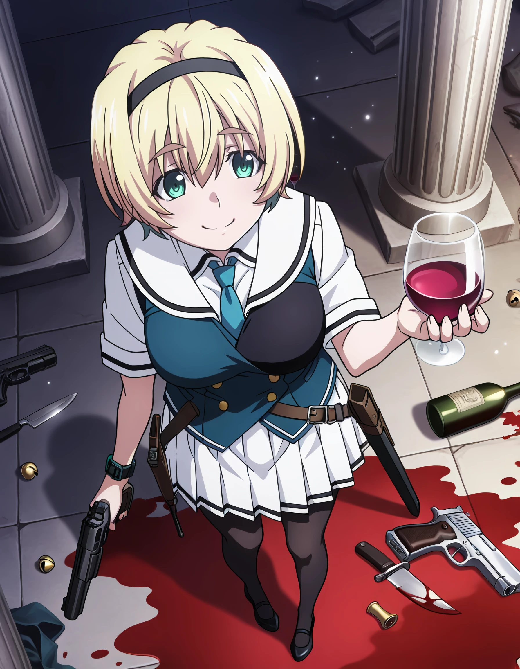 <lora:sakurako_kujirase_IL:1> rating:safe, sakurako_kujirase, short_hair, hairband, blonde_hair, hair_between_eyes, green_eyes, aqua_eyes, school_uniform, collared_shirt, white_shirt, blue_necktie, vest, short_sleeves, pleated_skirt, white_skirt, black_pantyhose, black_footwear, 1girl, alcohol, bare_shoulders, bell, blood, blood_on_ground, breasts, cleavage, closed_mouth, column, corpse, cup, death, drinking_glass, from_above, full_body, gun, handgun, high_heels, holding, holding_cup, holding_gun, holding_weapon, jewelry, knife, large_breasts, neck_bell, necklace, pillar, red_wine, side_slit, sleeveless, smile, solo, thigh_sheath, weapon, weapon_in_garters, wine, wine_glass backlighting, depth_of_field, light_particles, masterpiece, detailed, best_quality