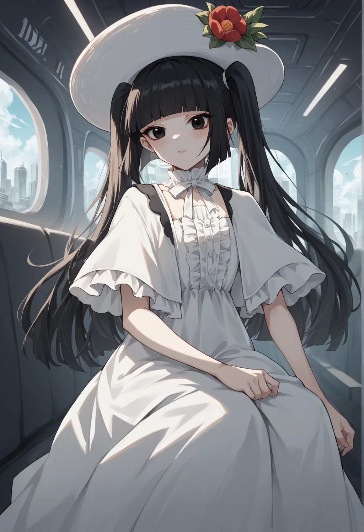 1girl, solo, indoors, spacecraft interior, pale skin, long hair, black hair, black eyes, hime cut, twintails, large hat, white hat, flower, whote dress, frills, capelet, long skirt <lora:Komahime_pony_v2:1>, score_9, score_8_up, score_7_up, score_6_up, score_5_up, score_4_up, BREAK source_anime, masterpiece
