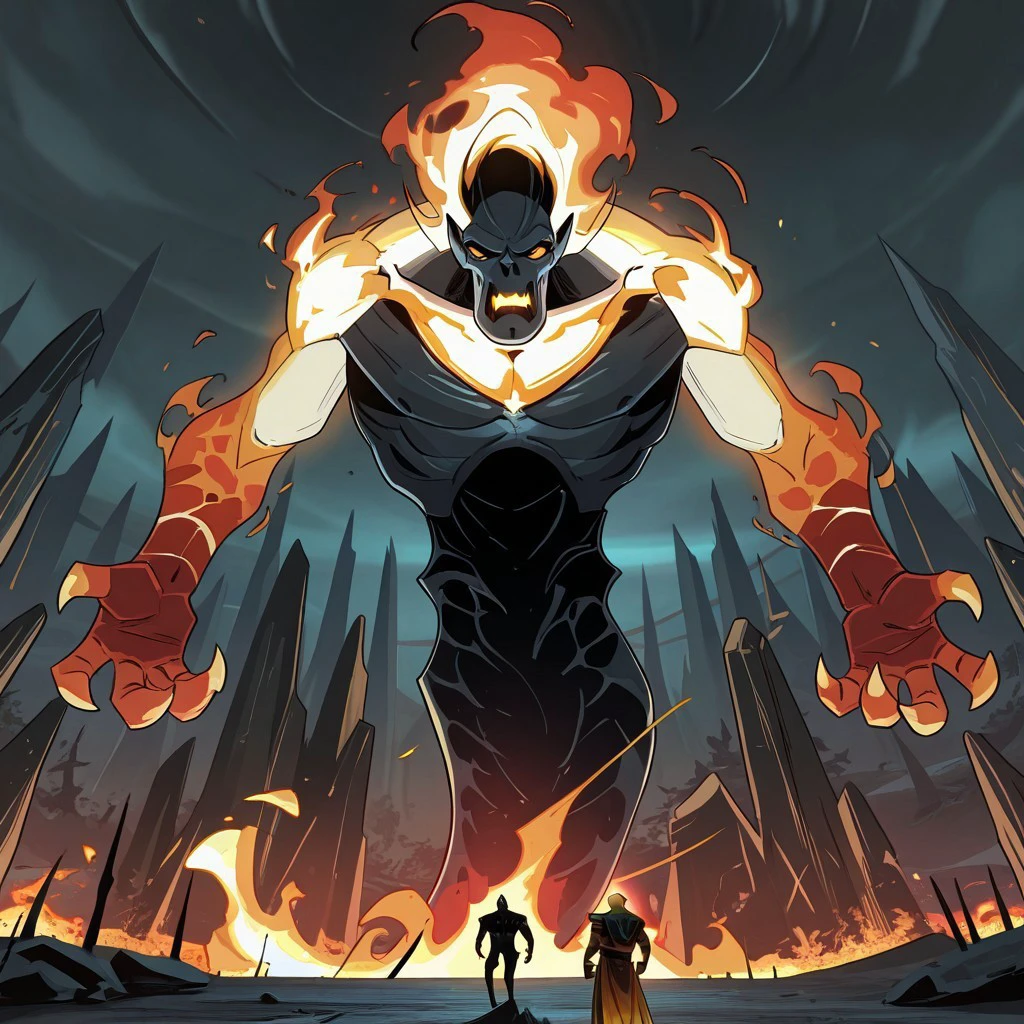 masterpiece, best quality, newest, absurdres, highres,  HadesCharacterArtstyle-IL-V1.0, 1boy, FireelementalIL.V1-male, LivingFlameIL.V1.0-male, monster, monster boy, giant,