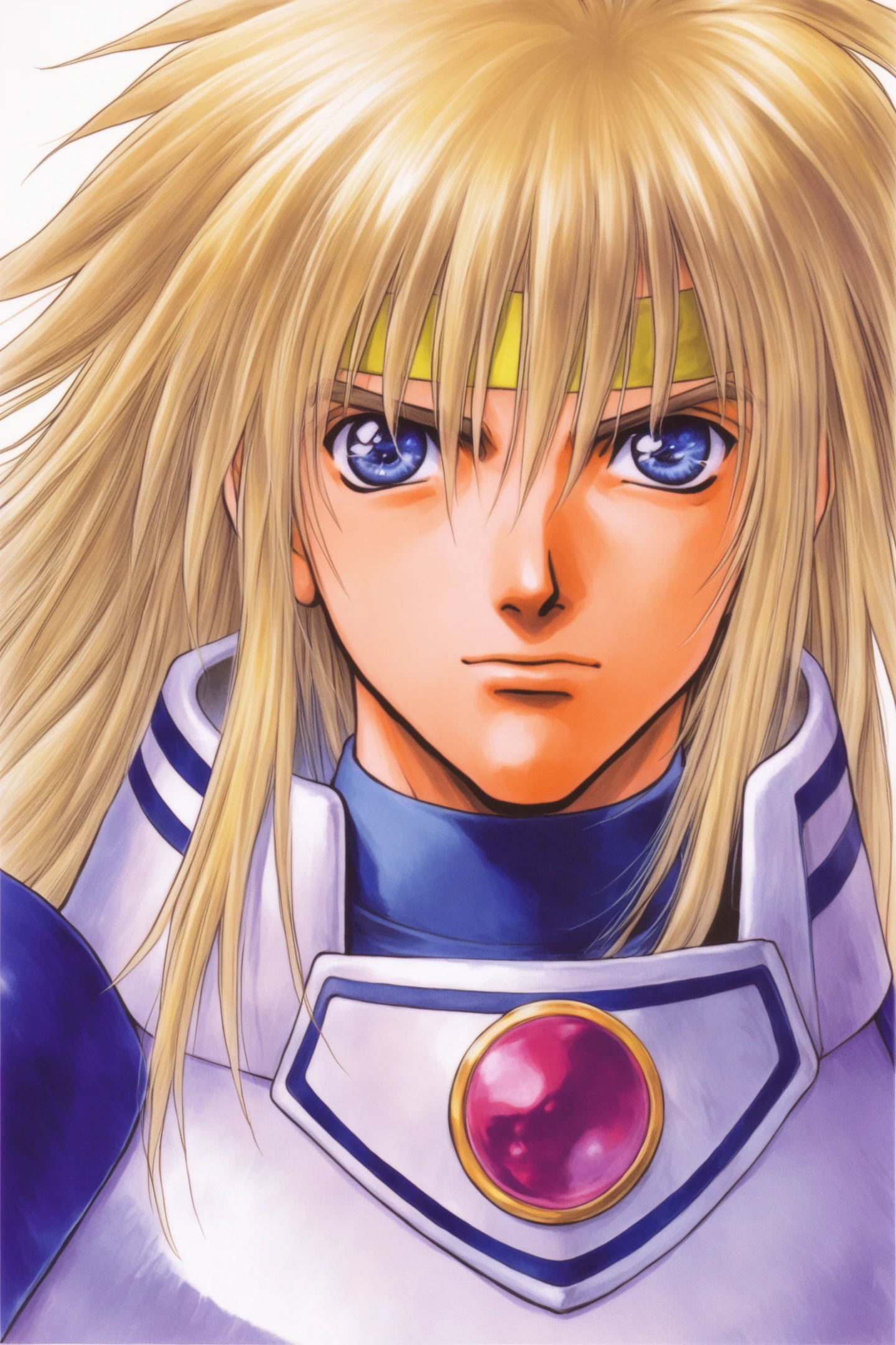 Stan Aileron(Tales of Destiny),solo,male focus,1boy,blonde hair,blue eyes,white background,long hair,yellow headband,simple background,armor,portrait,looking at viewer,traditional media,closed mouth,upper body,retro artstyle,watercolor (medium),
<lora:Inomata Mutsumi_illustriousXL:0.8>,