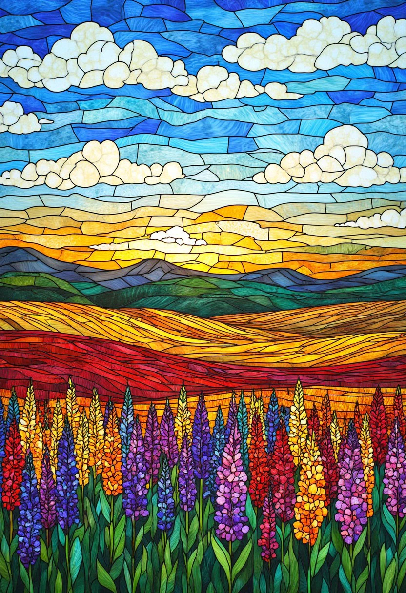 a field of flowers, stained glass style