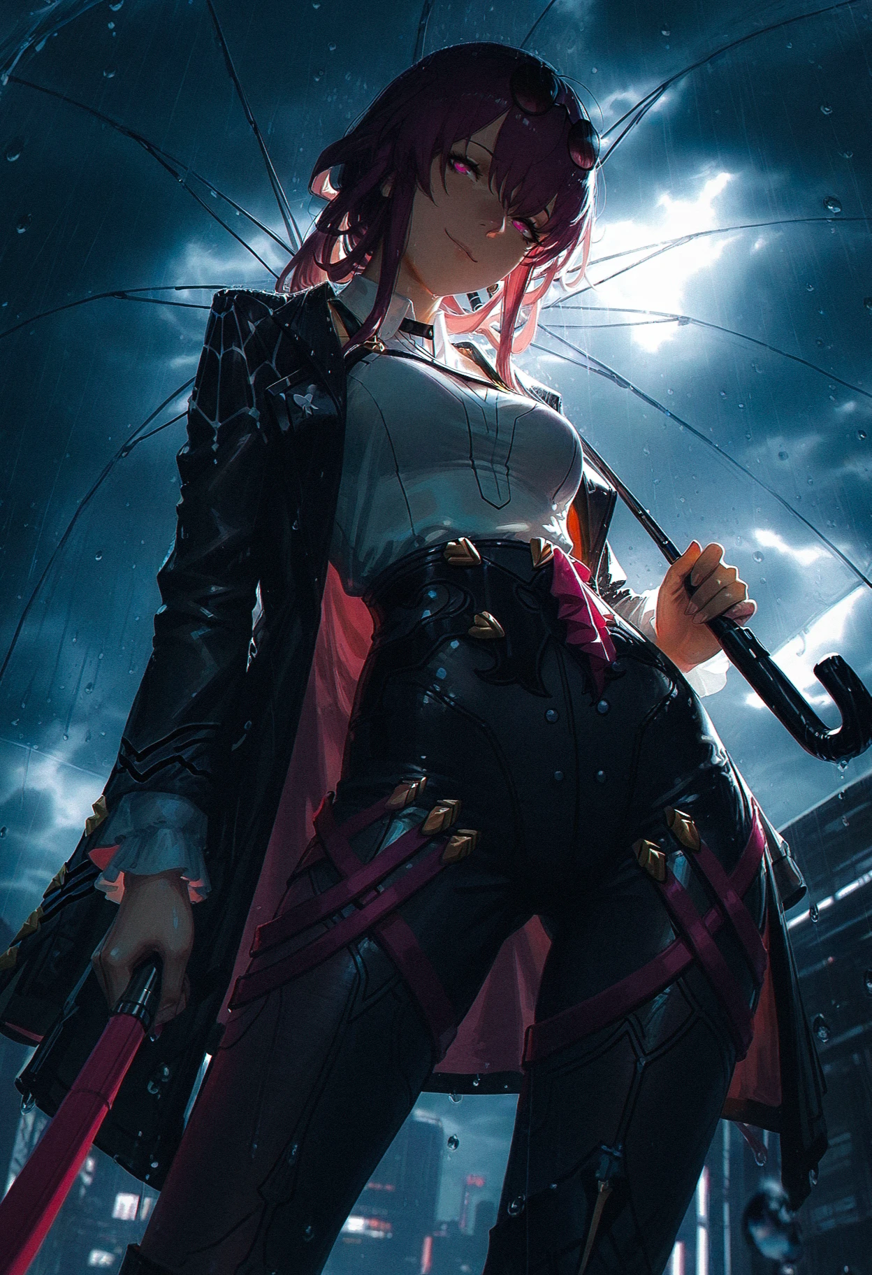 (guweiz, konya karasue, dino \(dinoartforame\):1.2), cinematic shot, 
 masterpiece, best quality, absurdres, highres, 
(dynamic angle), dutch angle, perspective, from below, long shot, 
1girl, (solo:1.2), kafka \(honkai: star rail\), holding transparent umbrella, looking at viewer, smug, head tilt,  tall, narrow waist, contrapposto, 
grey sky, storm, rain, water drop, 
indoors, detailed background, sidelighting, 
<lora:WSSKX_WAI:0.8> <lora:ponyv6_vpred6:0.3> <lora:USNR STYLE_XL_lokr:0.3> usnr,