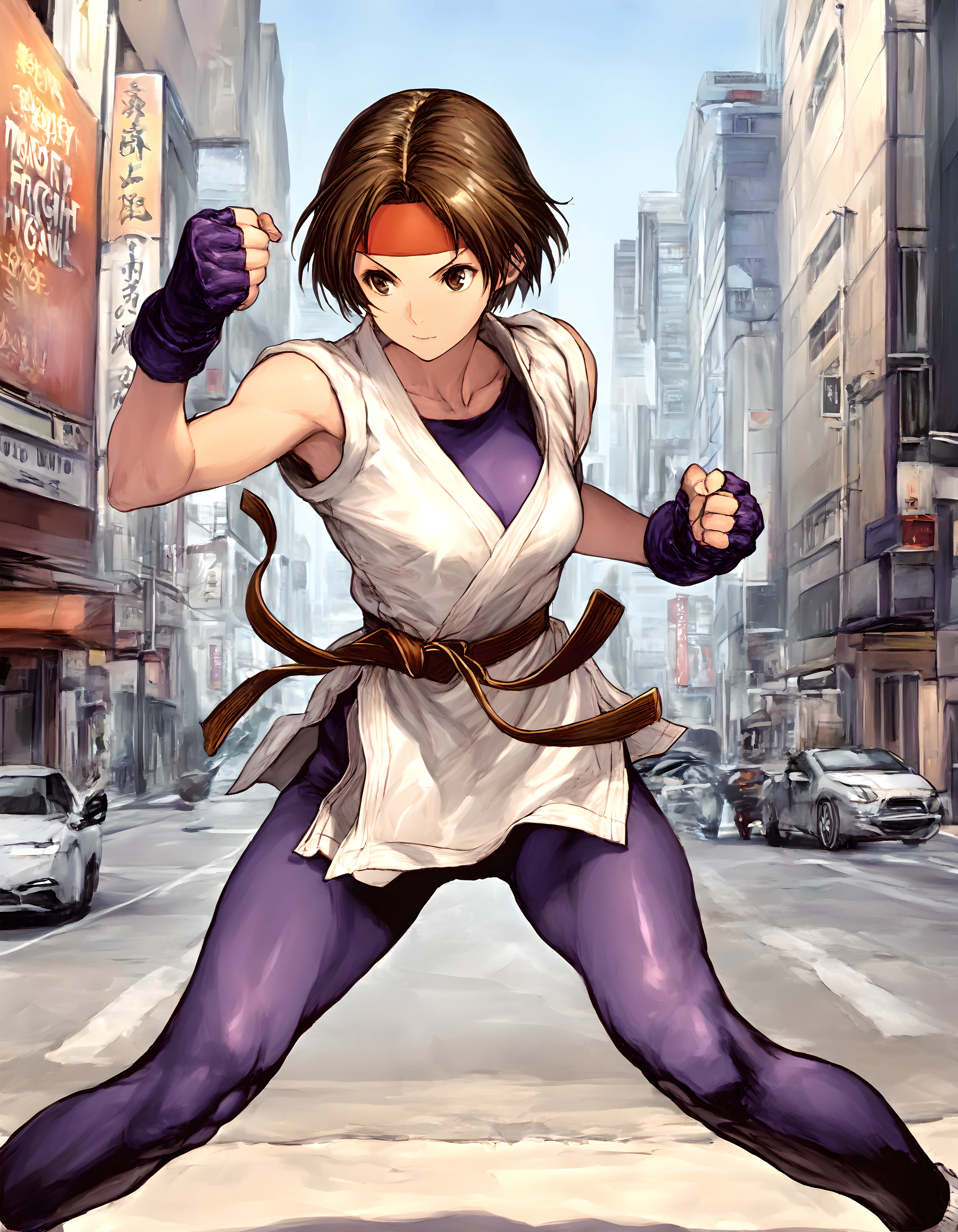 <lora:illustrious_XL_sakazaki:0.9>,sakazaki,masterpiece,best quality,good quality,1girl,solo,short hair,dougi,collarbone,sleeveless,fingerless gloves,martial arts belt,spandex,street fight,fighting stance,city,street,