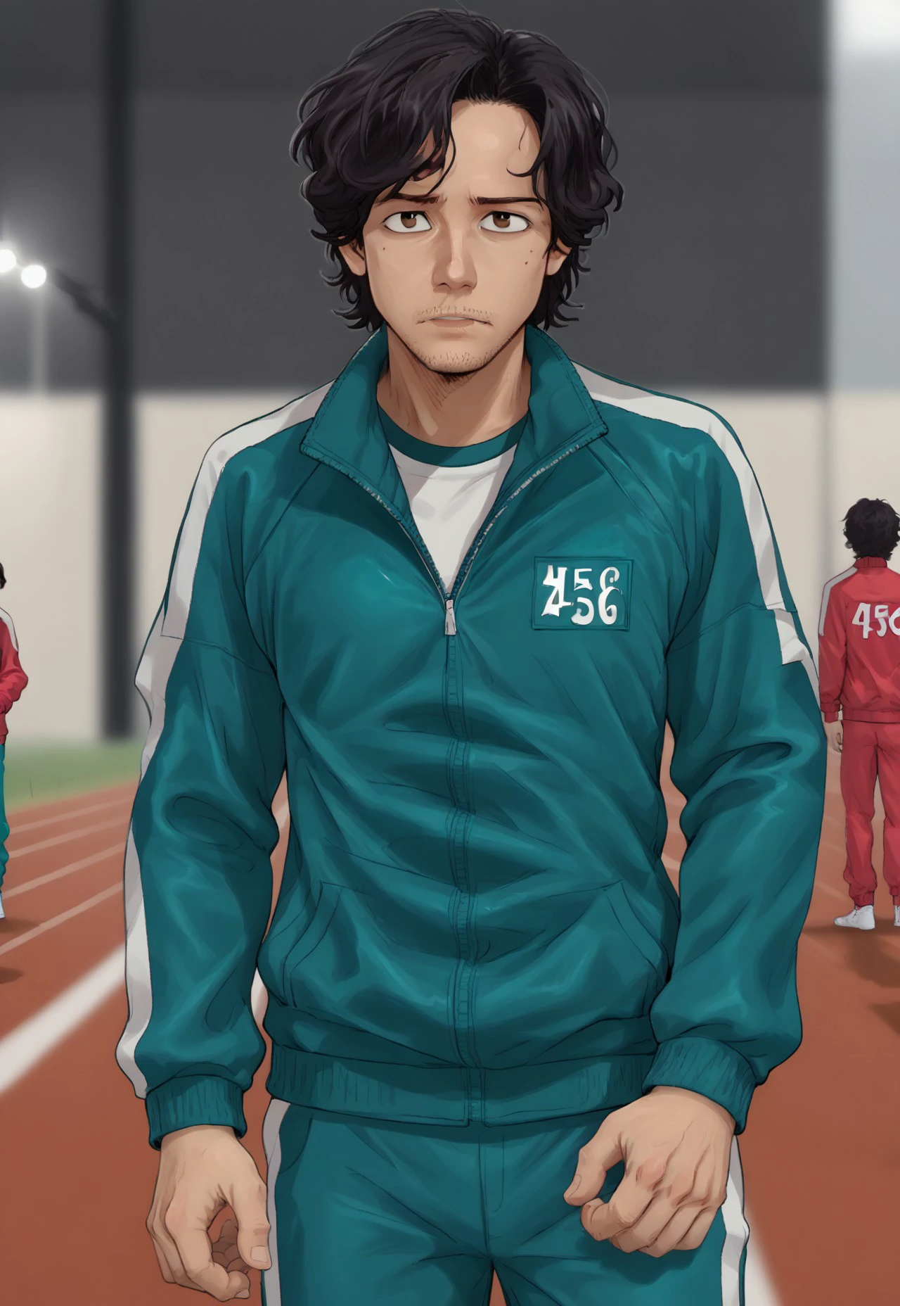 Seong Gi-hun, Black hair, stubble beared, middle age, Medium Hair, Brown eyes, Male, Track suit, open jacket, solo, 