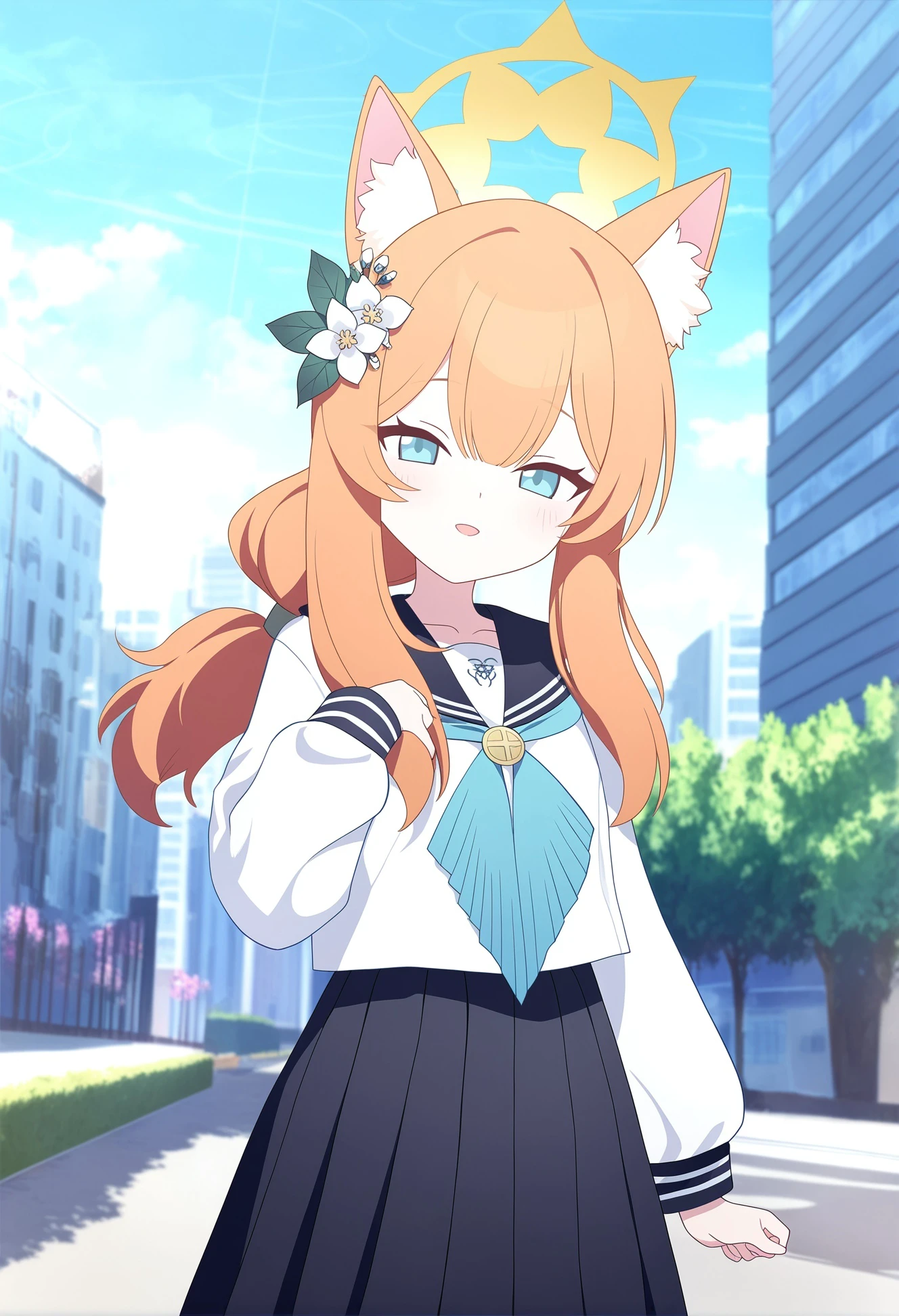 1girl, mari \(blue archive\), alternate costume, animal ear fluff, animal ears, black sailor collar, black skirt, blue eyes, blue neckerchief, blush, cat ears, flower, hair flower, hair ornament, halo, medium hair, neckerchief, open mouth, orange hair, sailor collar, school uniform, serafuku, shirt, short ponytail, skirt, solo, white flower, white shirt, yellow halo, outdoors, day, city, looking at viewer, official art, blue archive, game cg, non-web source, newest