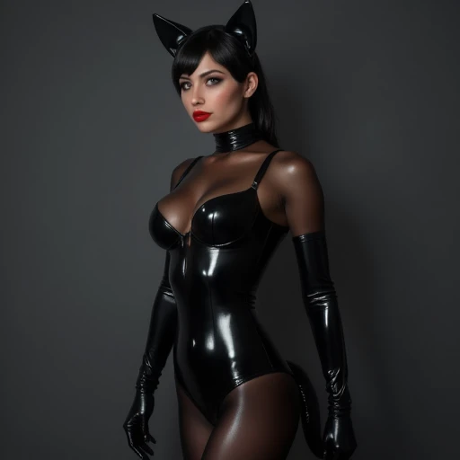 realism,professional raw photo quality,a realistic woman wearing a gloss latex black cat ears and a tail leotard
