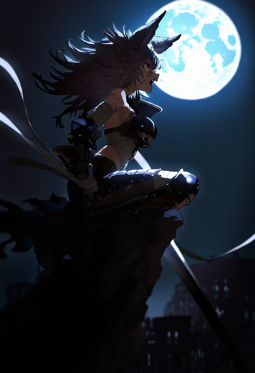 by [ekrea jan|diyokama|say hana|yoneyama mai], granblue fantasy,
1girl, monster girl, wolf ears, atop a cliff overlooking a moonlit cityscape,
armor, glint,
full moon, shadow, dark, backlighting, fangs, open mouth, frown,
from side, multiple scars, bandages,
depth of field,
masterpiece, best quality, very awa, absurdres
<lora:noobai_vpred_1_monster_girl_v1:1>