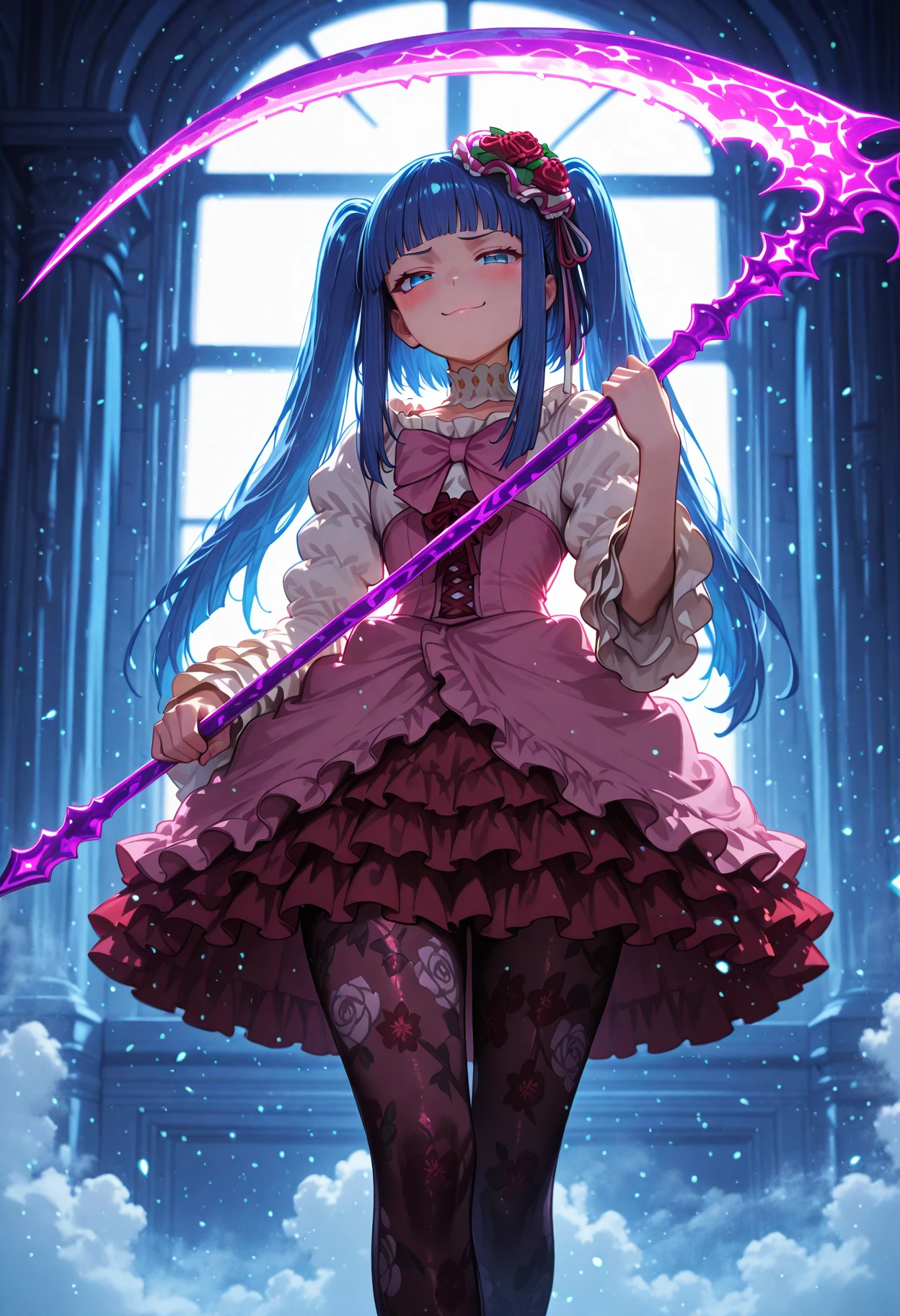 <lora:Furudo_Erika_v2:0.85>, <lora:SDXL_HandFineTuning_XL:0.4>, <lora:for_illust_spo_sdxl_10ep_4k-data_lora_webui:0.7>, <lora:for_illust_GBF_Illustrious:0.4>, <lora:for_illust_ponyv5_noobV065S_1_adamW-000013:0.2>, <lora:for_illust_748cmSDXL:0.3>, <lora:warm light style v2:0.4>, <lora:ScytheIL:0.7>, perfect quality, best quality, absolutely eye-catching, cinematic, (masterpiece), (ultra-detailed), Soft lighting, very aesthetic, illustration, perfect composition, portrait, ultra detailed face, blue eyes, smug, holding scythe, holding weapon, scythe, detailed eyes, standing, solo, 1girl, furudo erika, print pantyhose, floral print pantyhose, pantyhose, frills, frilled skirt, blue hair,