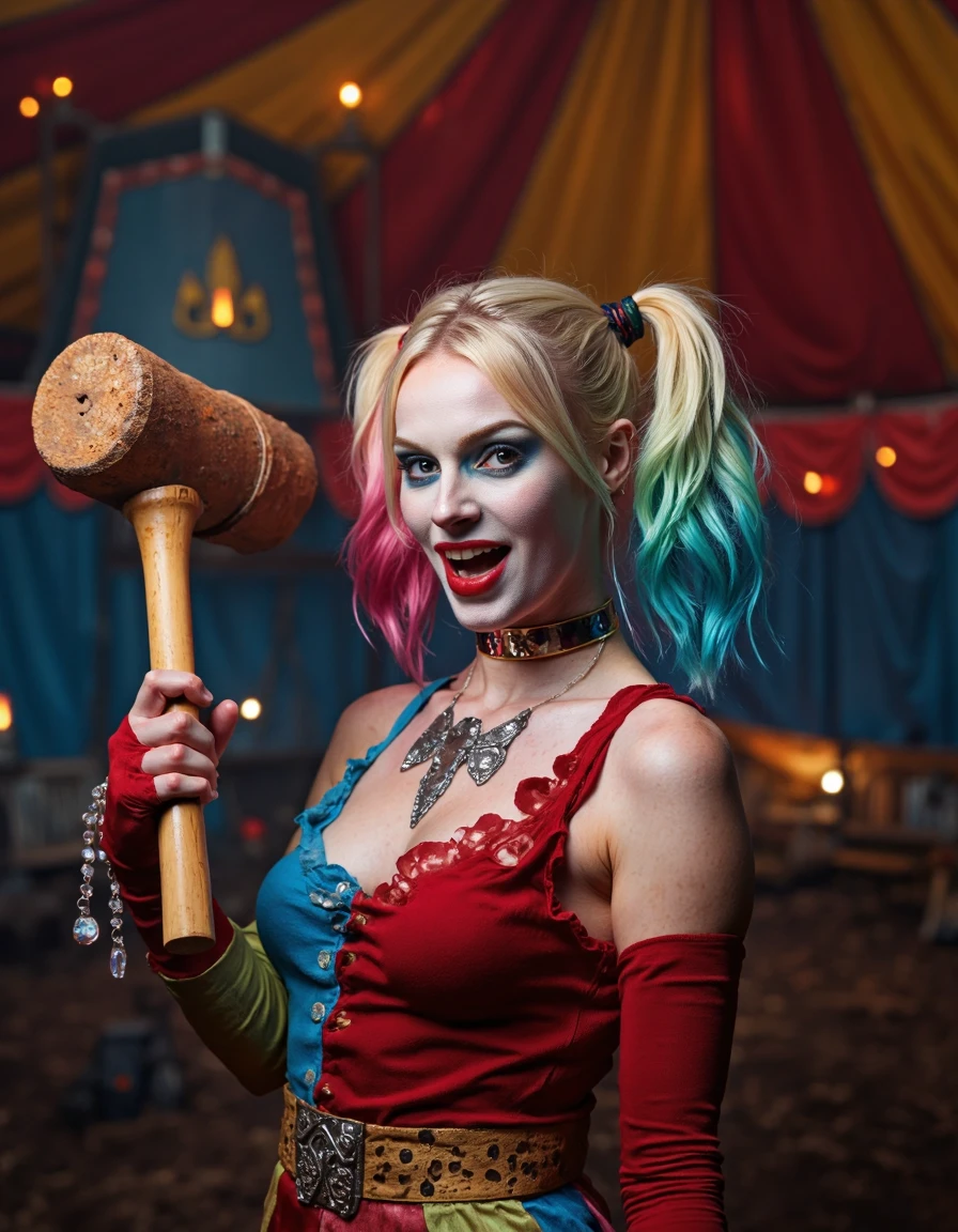 high fashion photo of SKS woman, wearing comic book harley quinn outfit and makeup, dc comics, in a circus tent, excited expression, holding a comically large mallet with both hands,
extremely detailed, sharp focus, sharp, film grain