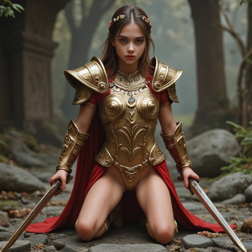 gold ornated high-heel armored boots, Skimpy revealing armor, gold ornated high-heel armored boots. Skimpy armor, gold blue and red accents, armbands, gold crotch cover, pauldrons, armguards, thigh-straps