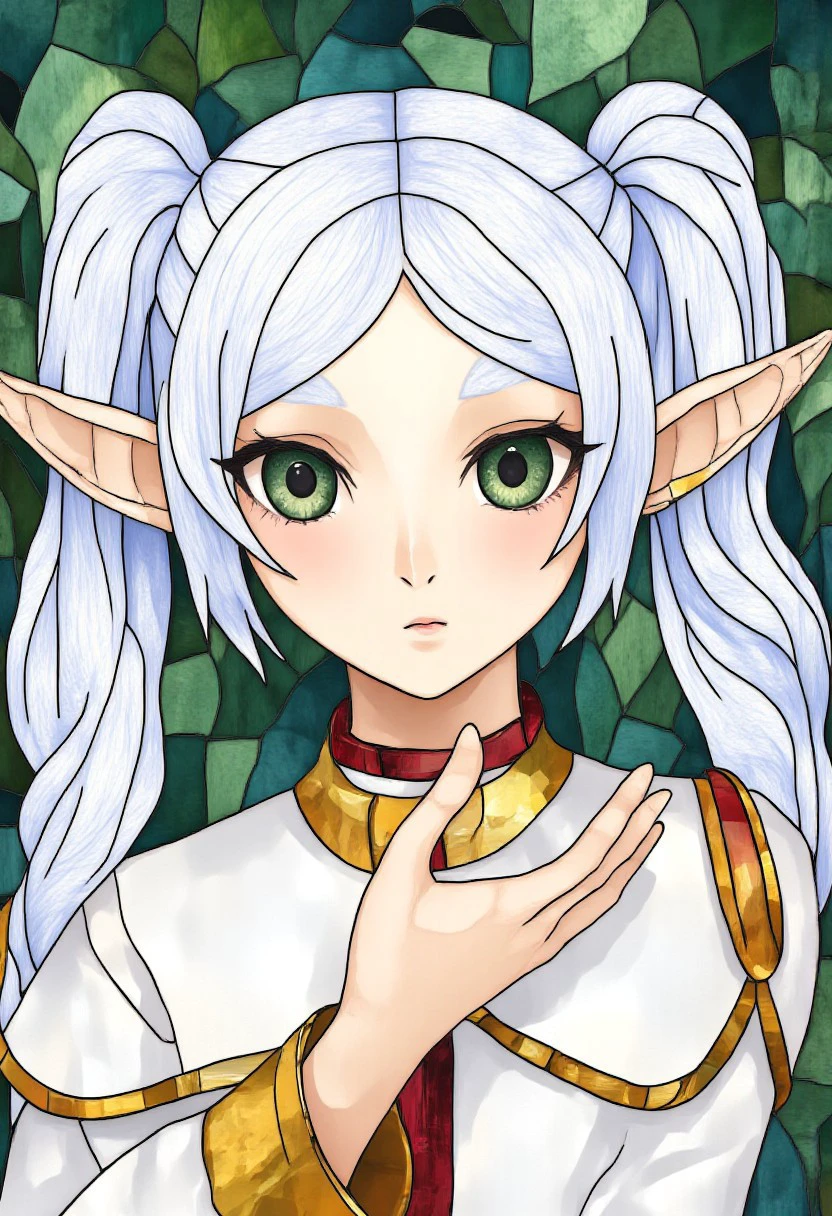 nereirfpnxl, frieren, elf, pointy ears, green eyes, white hair, twintails, stained glass style