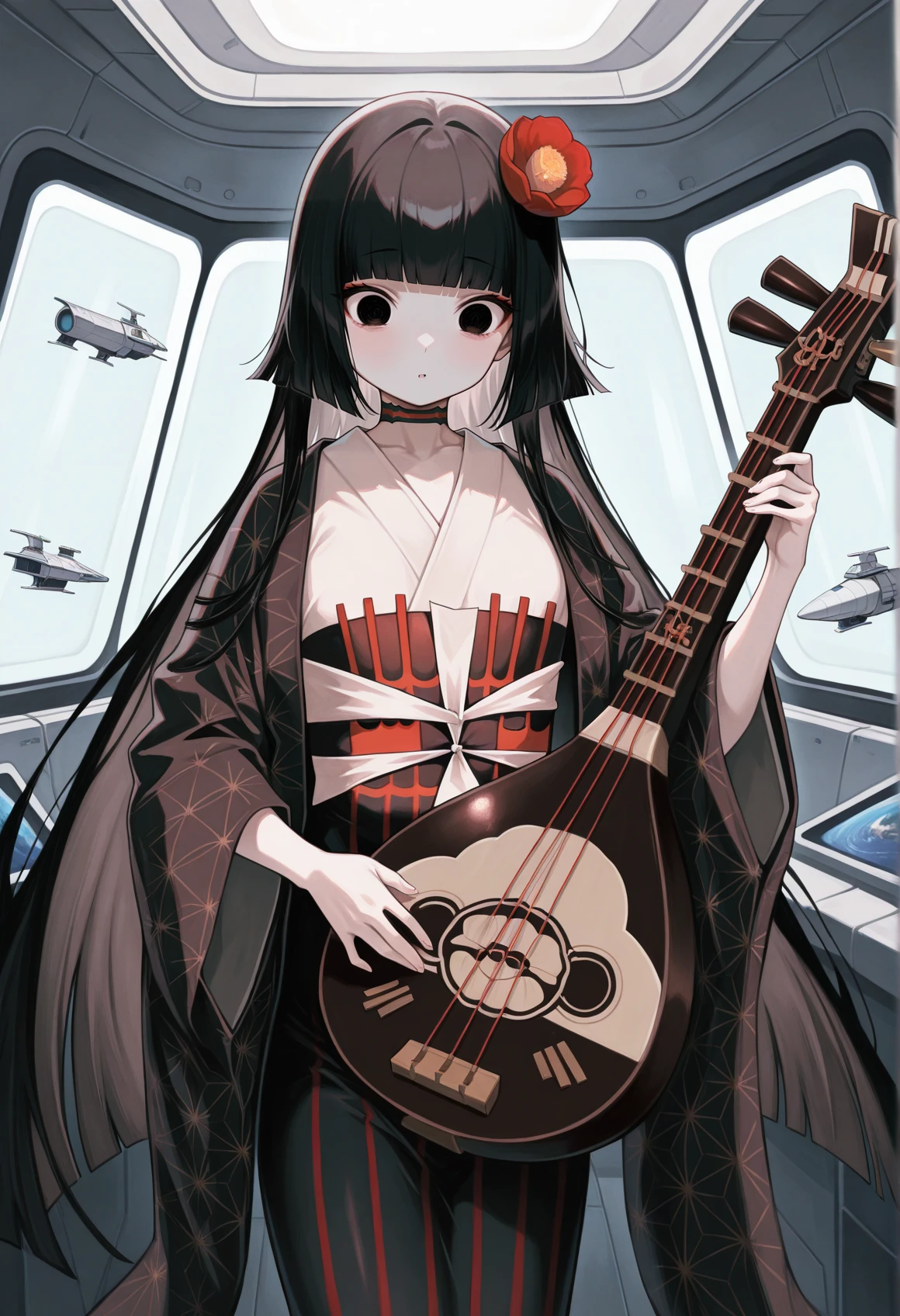 1girl, solo, indoors, spacecraft interior, pale skin, long hair, black hair, black eyes, hime cut, hair ornament, hair flower, blunt bangs, choker, japanese clothes, kimono, black kimono, white shirt, obi, wide sleeves, holding instrument <lora:komahime_illus:1>, masterpiece, best quality, amazing quality, very aesthetic, absurdres, highres, newest