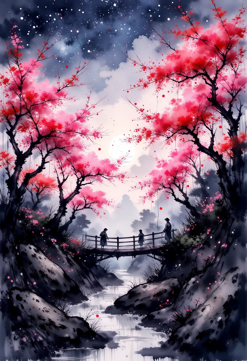 A grove of sakura trees bursts into bloom under a twilight sky filled with stars. Each tree is intricately rendered with ink-brushed branches and soft watercolor petals in shades of pink and crimson that glow faintly as if infused with starlight. The grove is encircled by a gentle stream that winds its way through the scene, its surface shimmering with reflections of the twilight sky and glowing blossoms. A narrow wooden footbridge, aged and moss-covered, arches gracefully over the stream, leading to a central clearing where a single, towering sakura tree radiates an aura of divine light. Tiny glowing motes of energy hover in the air, adding an enchanting, otherworldly feel to the tranquil grove.