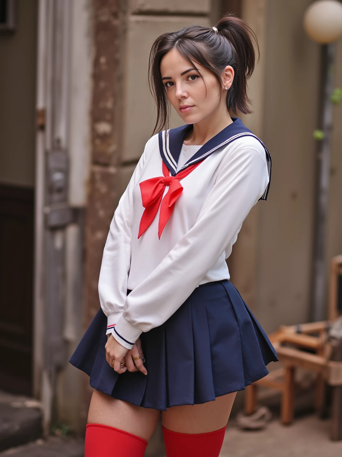 <lora:Agathe-Auproux_flux1Dev_LOREVER:1>
This is a professional photography of AgatheAuproux, a woman dressed in a sailor outfit. She wears a white sailor top with a red bow and navy blue skirt, complemented by red thigh-high socks and black shoes. Her hair is styled in short  pigtails. She is looking directly at the camera, which is at eye level. The depth of field keeps AgatheAuproux in sharp focus while the background remains softly blurred.
Perfect exposure and perfect contrasts.