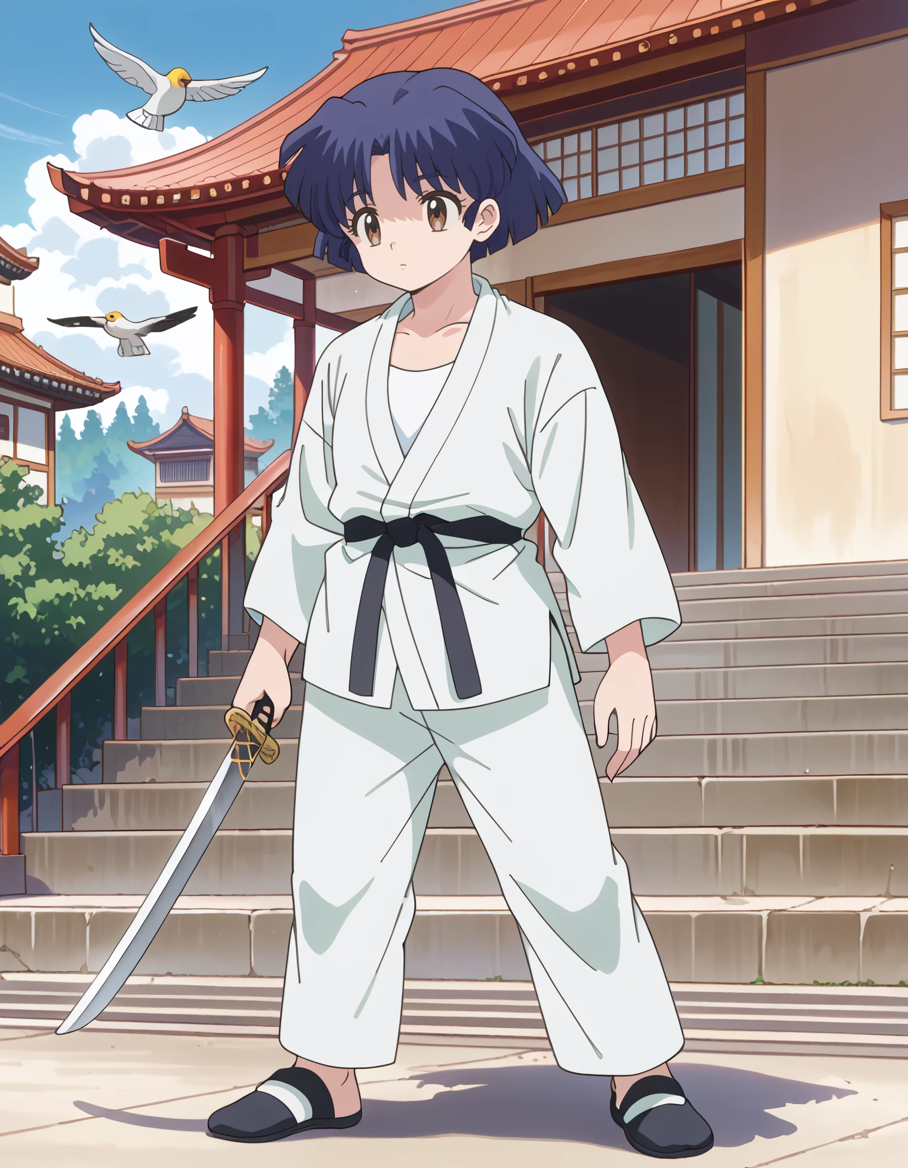 <lora:akane_tendou_pony:1> score_9, score_8_up, score_7_up, source_anime, rating:safe, akane_tendou, short_hair, blue_hair, brown_eyes, flat_chest, aged_down, karate_gi, martial_arts_belt, 1girl, architecture, bird, cleavage, east_asian_architecture, full_body, holding, holding_sword, holding_weapon, non-humanoid_robot, robot, solo, stairs, standing, sword, tassel, weapon,, shadow, contrast, glow, (1990s_\(style\), masterpiece, detailed, best_quality