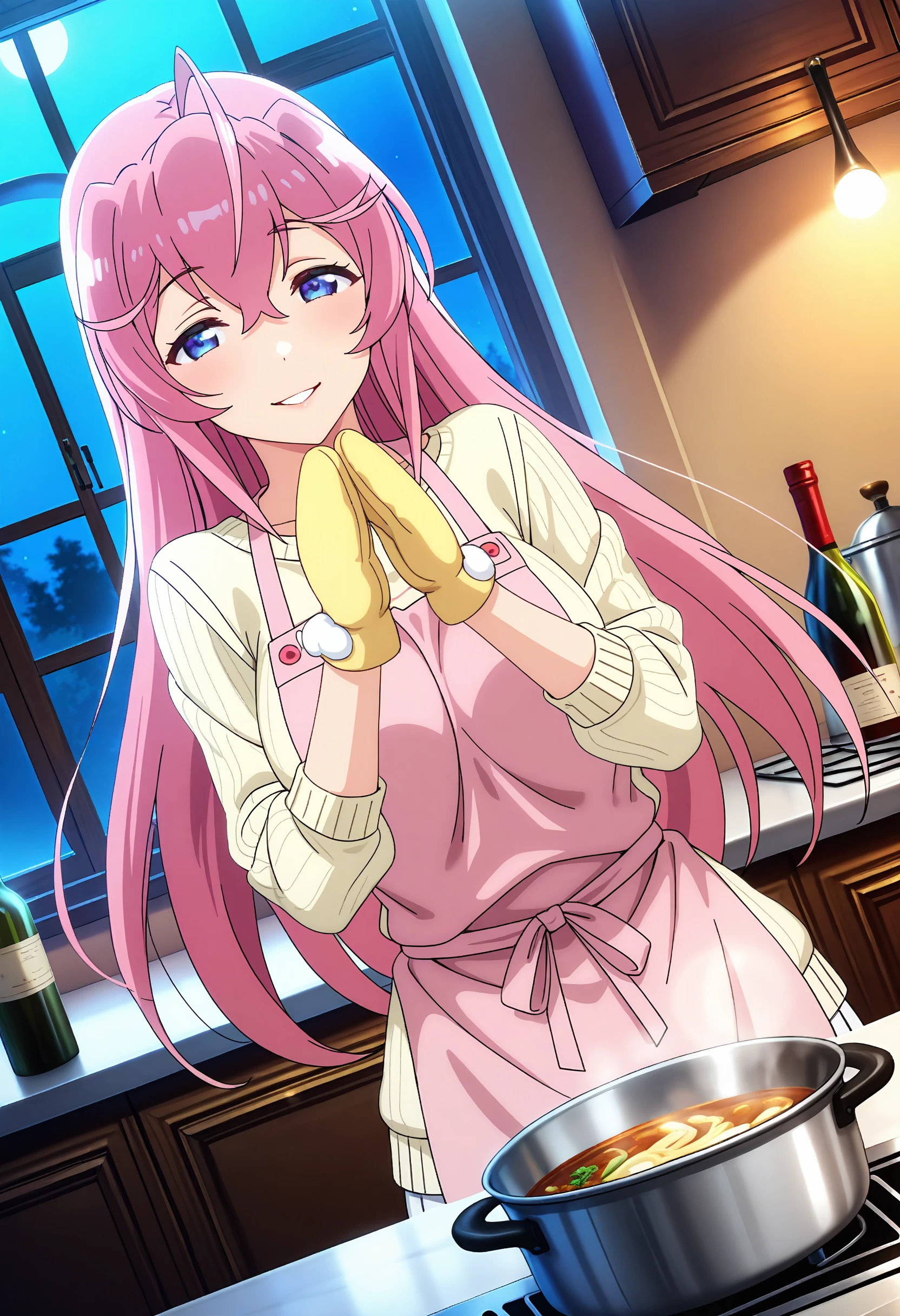 best quality, masterpiece, anime_screencap, hi res, best_quality, very aesthetic, absurdres, 8k, otmn, 1girl, female_focus, ahoge,
large breasts,
smile, happy, enjoying, winking_at_viewer,
parted_lips,
cooking, dinner, kitchen, pot,
dishes, wine bottle, virgin killer sweater, apron, mittens,
cowboy shot, dutch angle, fantasy, indoors, night, beautiful lighting, ray traced, diffraction_spikes, lens_flare, hotel_room, shadow, vintage hotel