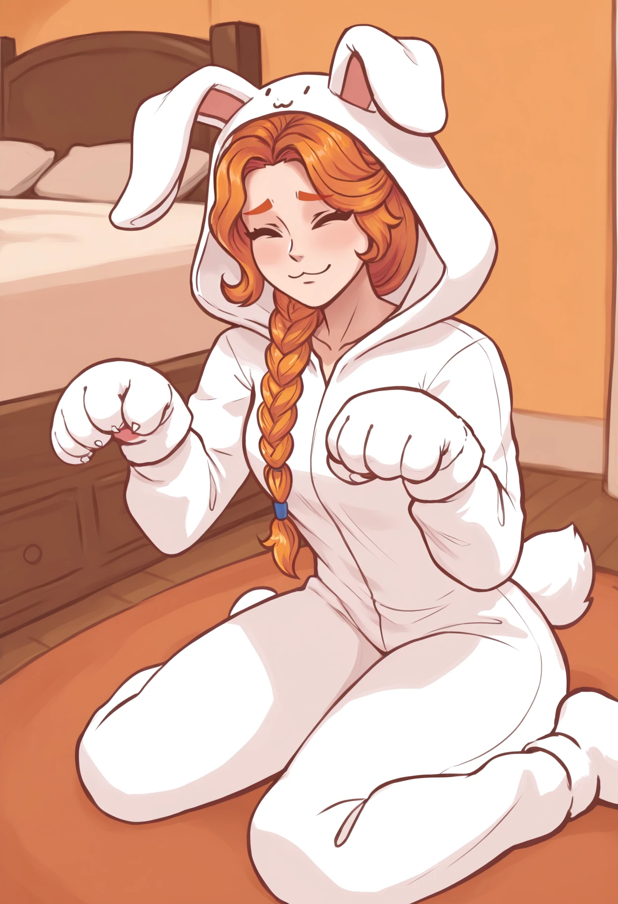 masterpiece, best quality, 1girl, solo, <lora:NSLeahStardew:1> NSLeahStardew, orange hair, long hair, single braid, front braid, rabbit ears, floppy ears, white onesie, paw gloves, paw pose, :3, =.=, closed eyes, indoors, bedroom, rabbit girl, rabbit tail, wariza