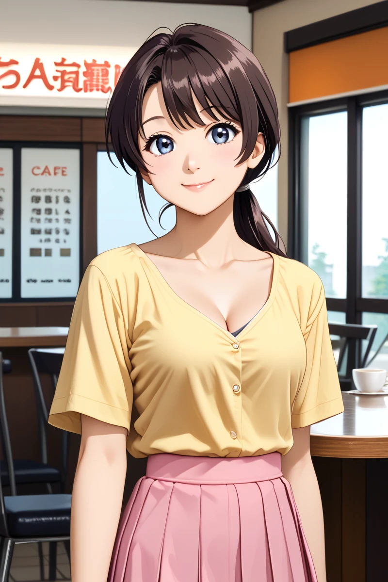 ameku mazuru, 1girl, solo, long hair, looking at viewer, smile, bangs, cafe, casual yellow shirt, medium pink skirt, pleated skirt,  closed mouth,  cowboy shot, ponytail, medium breast, cleavage , collarbone,  <lora:Ameku_Mazuru_ATSK_Pony:1> <lora:HandFixer_pdxl_Incrs_v1:1> make up, elegant smile, detail,  <lora:Add_more_details_pony:0.8> low ponytail, young-adult, bare thigh, anime coloring, long hair, big eyes,