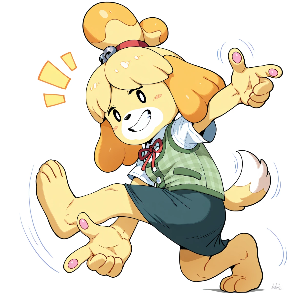 <lora:Sonic_Adventure_Pose_Illustrious-000009:1.1> masterpiece, absurdres, highres, 4k, by Gomennasai, by Hero Neisan, by Stanley Lau, 1girl, isabelle \(animal crossing\), animal crossing, dog girl, solid oval eyes, smile, skirt, solo, furry, topknot, dog ears, furry female, animal ears, notice lines, blonde hair, dog tail, tail, red ribbon, vest, shirt, neck ribbon, ribbon, plaid, white shirt, short sleeves, green vest, barefoot, bright pupils, plaid vest, looking at viewer, grin, teeth, sonic adventure pose, jumping, full body