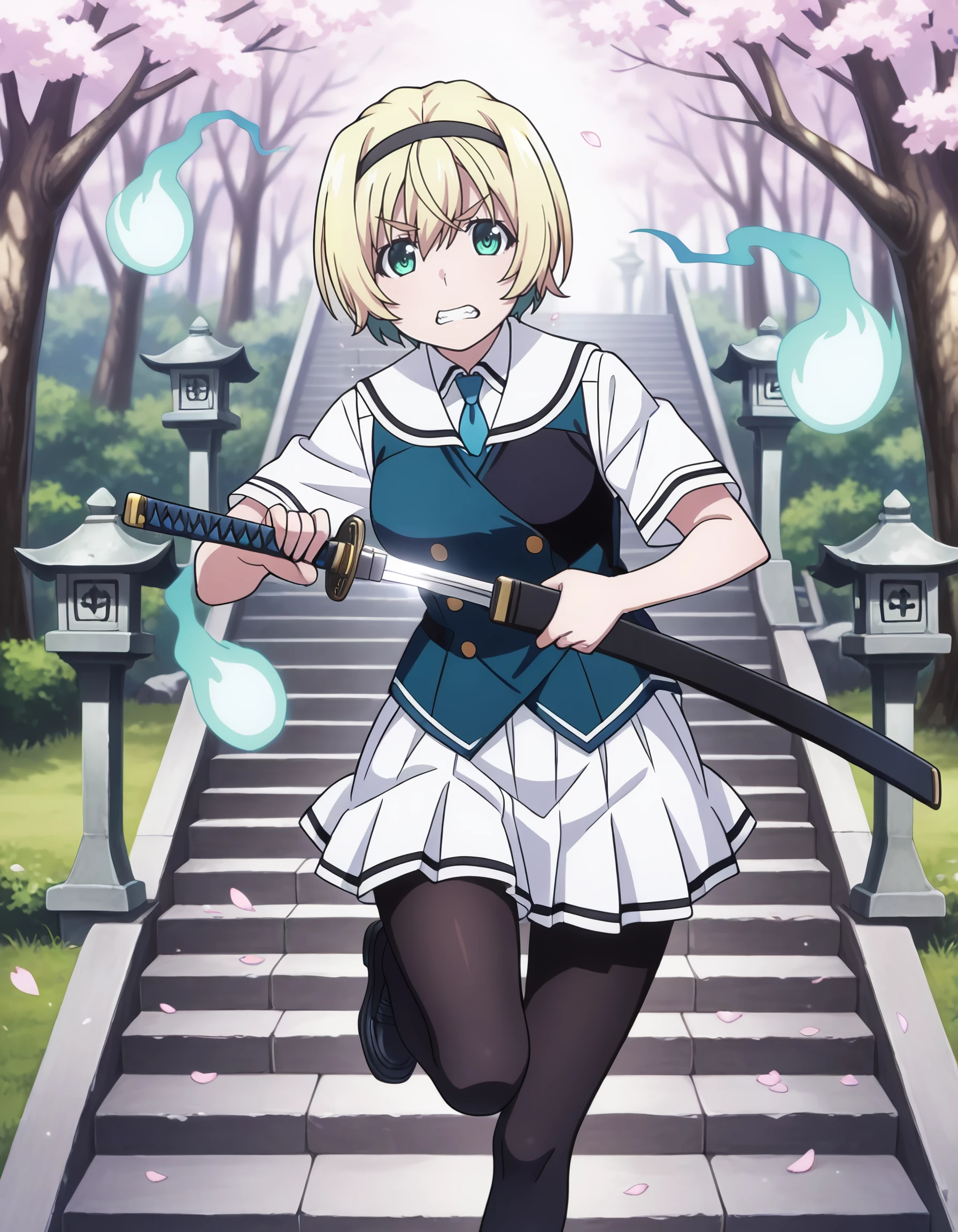 <lora:sakurako_kujirase_IL:1> rating:safe, sakurako_kujirase, short_hair, hairband, blonde_hair, hair_between_eyes, green_eyes, aqua_eyes, school_uniform, collared_shirt, white_shirt, blue_necktie, vest, short_sleeves, pleated_skirt, white_skirt, black_pantyhose, black_footwear, 1girl, bare_legs, blurry, blurry_background, branch, cherry_blossoms, clenched_teeth, falling_petals, full_body, hitodama, holding, holding_sword, holding_weapon, looking_at_viewer, outdoors, petals, pink_petals, scabbard, sheath, sleeveless, solo, stairs, stone_lantern, stone_stairs, sword, teeth, tree, unsheathing, weapon, wing_collar, backlighting, depth_of_field, light_particles, masterpiece, detailed, best_quality