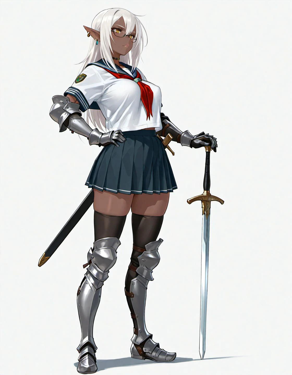 masterpiece, best quality, amazing quality, very aesthetic, high resolution, <lora:mikoyan_style_v2_illustrious_epoch_7:0.9>,
mikoyanstyle, dark skin, solo, pointy ears, sword, weapon, 1girl, elf, dark elf, dark-skinned female, school uniform, thighhighs, skirt, long hair, gauntlets, serafuku, earrings, white hair, glasses, armor, jewelry, pleated skirt, hand on hip, zettai ryouiki, full body, breasts, white background, sheath, greaves,