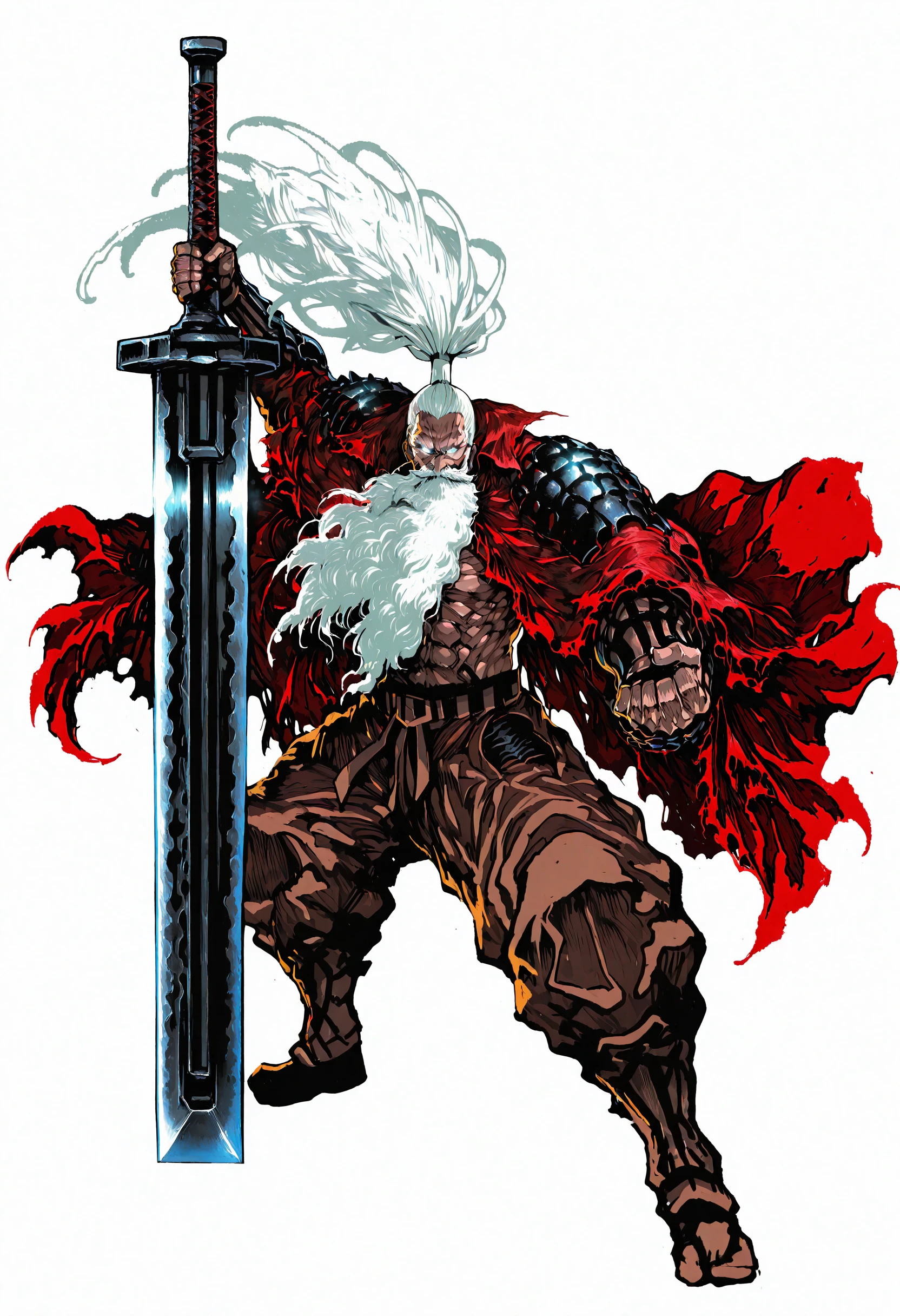 ninja slayer,masterpiece,best quality,high resolution,absurdres,newest,1boy,strong,muscular,warrior,angry,crazy,glowing eyes,white eyes,white hair,very long hair,high ponytail,beard,long beard,topless,holding weapon,huge weapon,greatsword,pauldrons,shoulder armor,belt,red torn cape,brown pants,fighting stance,full body,full shot,straight-on,zPDXL3,detailxl,Score_PnyReal,<lora:spo_sdxl_10ep_4k-data_lora_webui:0.4>,<lora:USNR STYLE_XL_loha:0.25>,<lora:748cmSDXL:0.5>,<lora:GENESIS_MK0.2:0.4>,<lora:ponyv4_noob1_2_adamW:0.4>,<lora:GBF_Illustrious:0.4>,<lora:Ninja_Slayer_Style:1>,simple background,white background,