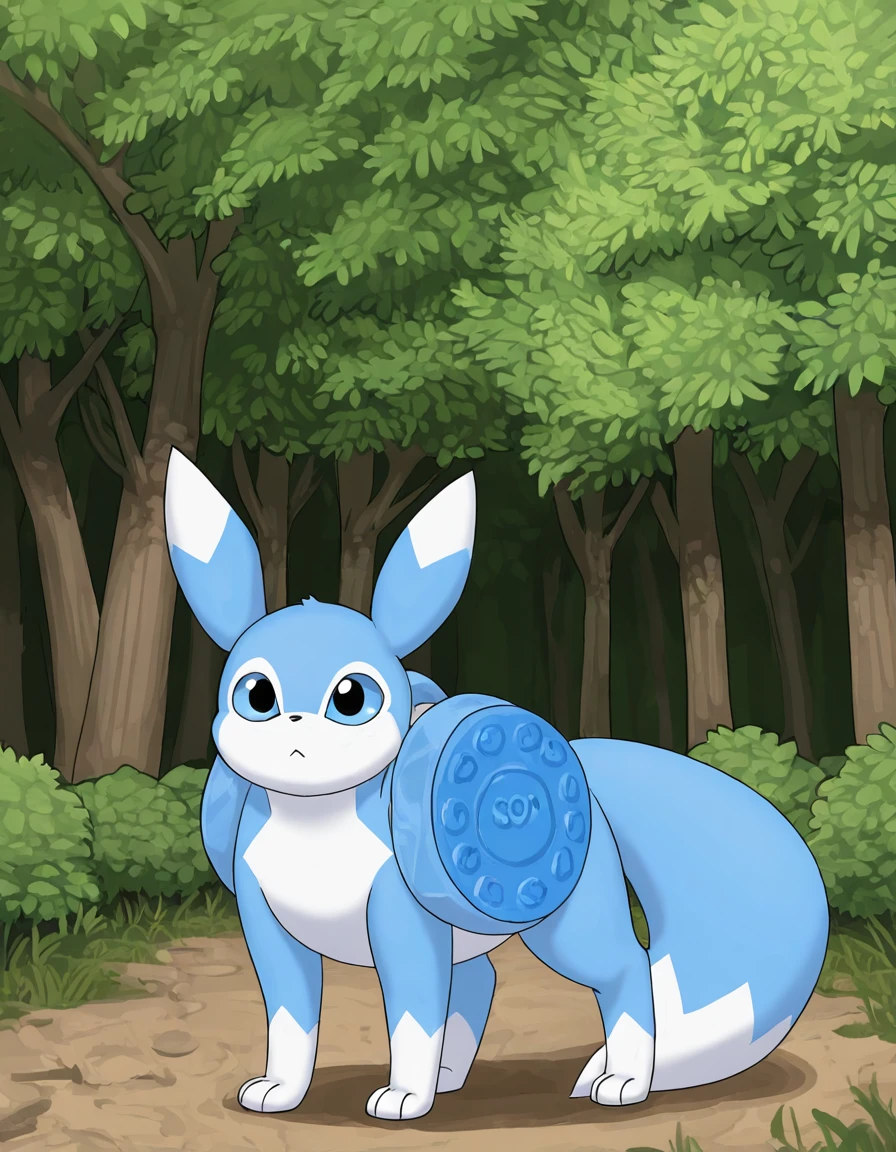 masterpiece, best_quality, Meowstic, pokemon (creature), tail, furry, blue skin, green eyes, MEOWSTIC_MALE, standing position, forest background, solo