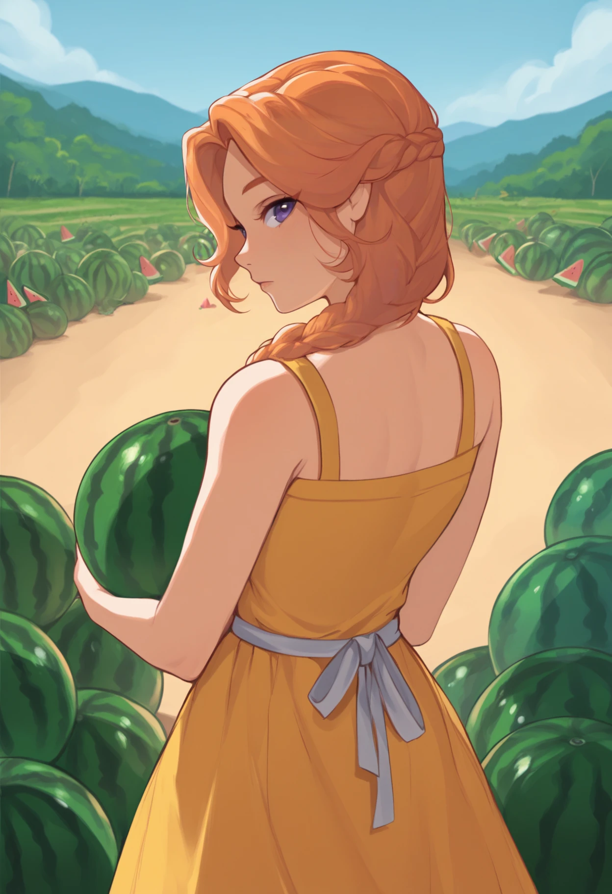 masterpiece, best quality, 1girl, solo, <lora:NSLeahStardew:1> NSLeahStardew, purple eyes, orange hair, long hair, single braid, front braid, yellow sundress, from behind, looking back, holding watermelon, pile of watermelon, outdoors, watermelon farm