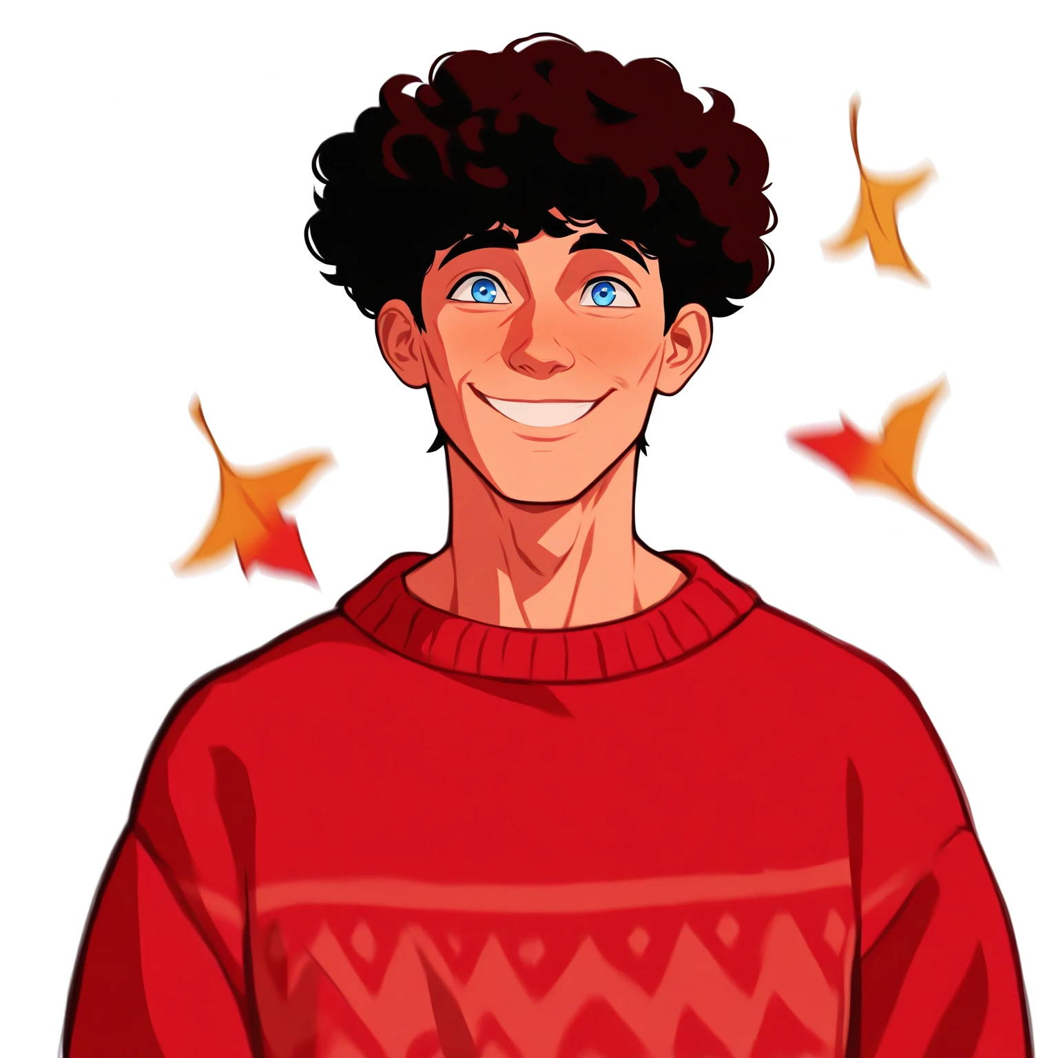 masterpiece, best quality, newest, absurdres, highres, 
male, (dizdoodz:.5), human, charlie spring, short hair, blue eyes, black hair, curly hair, smile, looking at viewer, leaves falling, solo, sweater