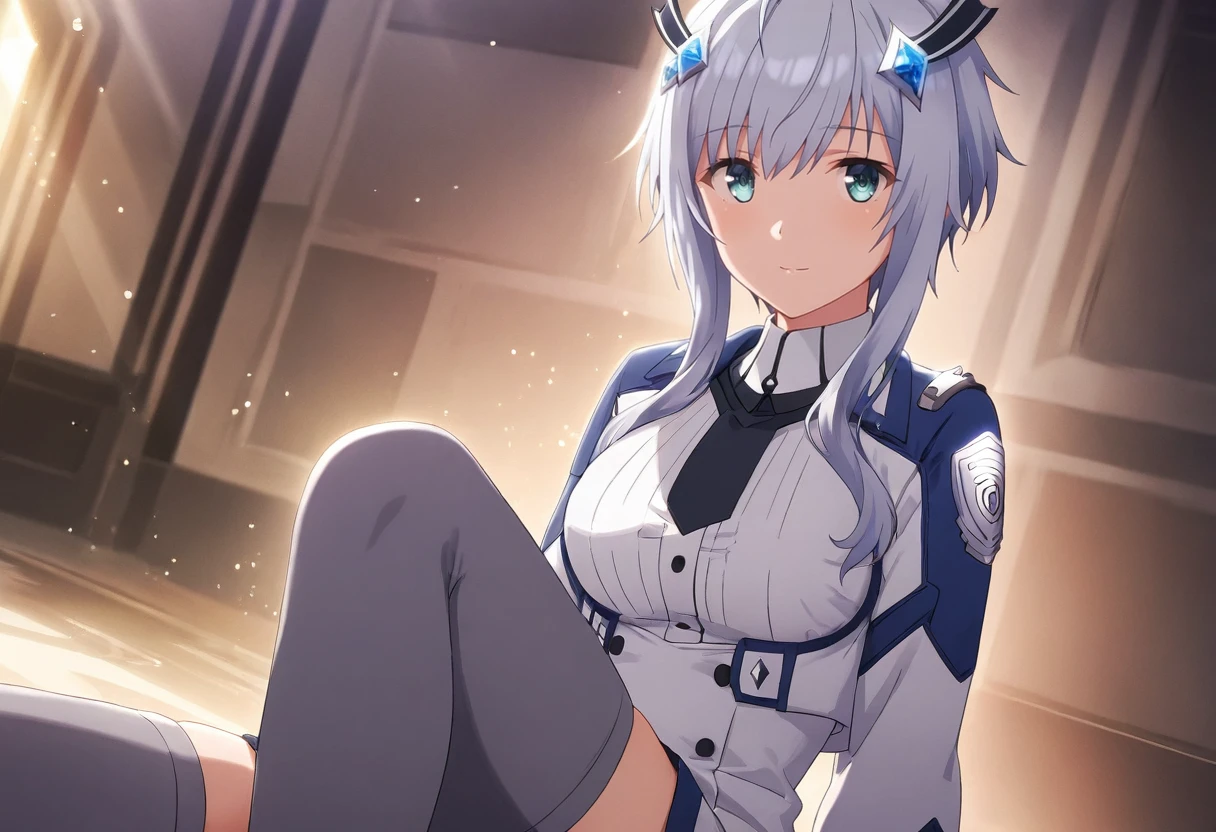 MishaNecron, 1girl, short hair with long locks, hair ornament, sidelocks, grey hair, grey thighhighs, white dress, uniform, <lora:MishaNecron-4-4-Illustrious:0.8>, looking at viewer, light particles, light smile