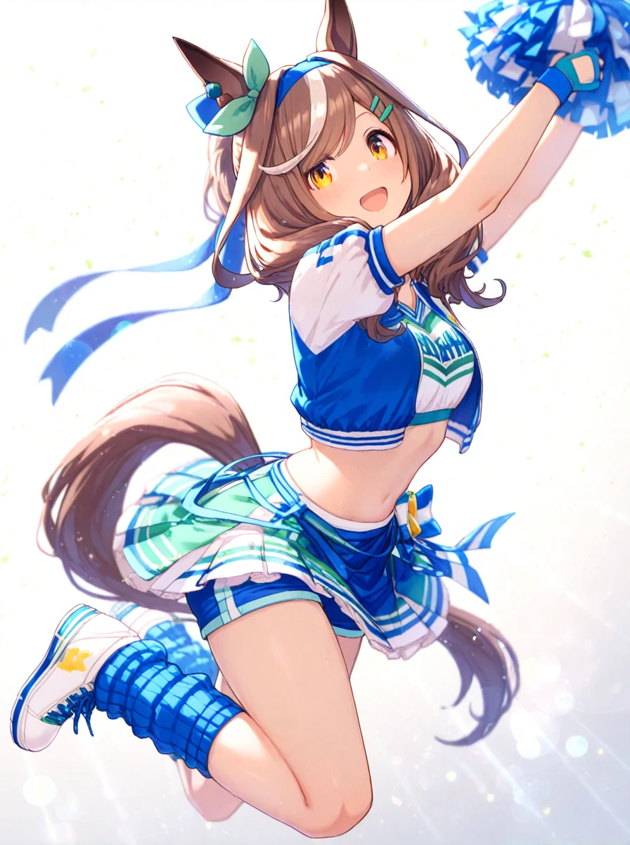 masterpiece, best quality, absurdres,
matikane tannhauser \(umamusume\), 1girl, horse ears, horse tail, navel, white background, full body, simple background, fingerless blue gloves, midriff, looking at viewer, cheerleader, rah-rah skirt, cropped jacket, short sleeves, ponytail, crop top, blue loose socks, white platform sneakers, blue hachimaki, green ear bow, green hairclip
big smile,open mouth,
light rays,lens flare,light particles,dynamic pose,dynamic angle,blue shorts,shorts under skirt
<lora:ILL_matikane_tannhauser_ver1.02:1>