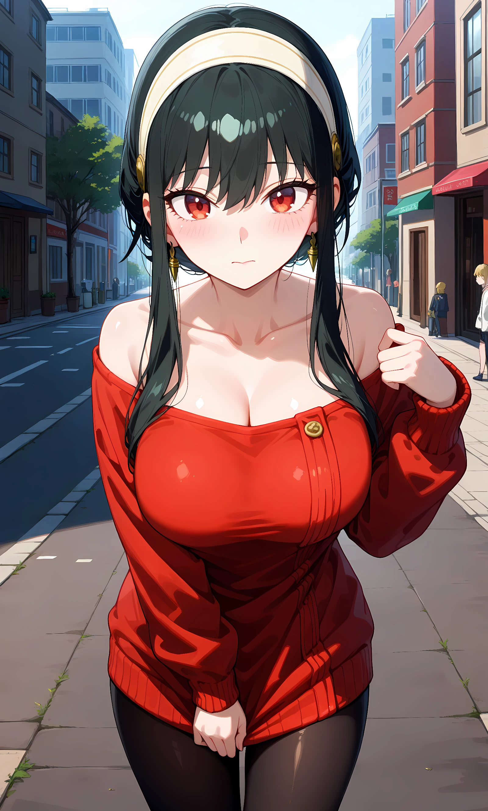 score_9, score_8_up, score_7_up, source_anime, 1girl, solo, outdoors, street, shiny skin, closed mouth, standing, looking at viewer, yor briar, red eyes, black hair, short hair with long locks, sidelocks, gold earrings, white hairband, red sweater, long sleeves, off shoulder, bare shoulders, black pantyhose, collarbone 