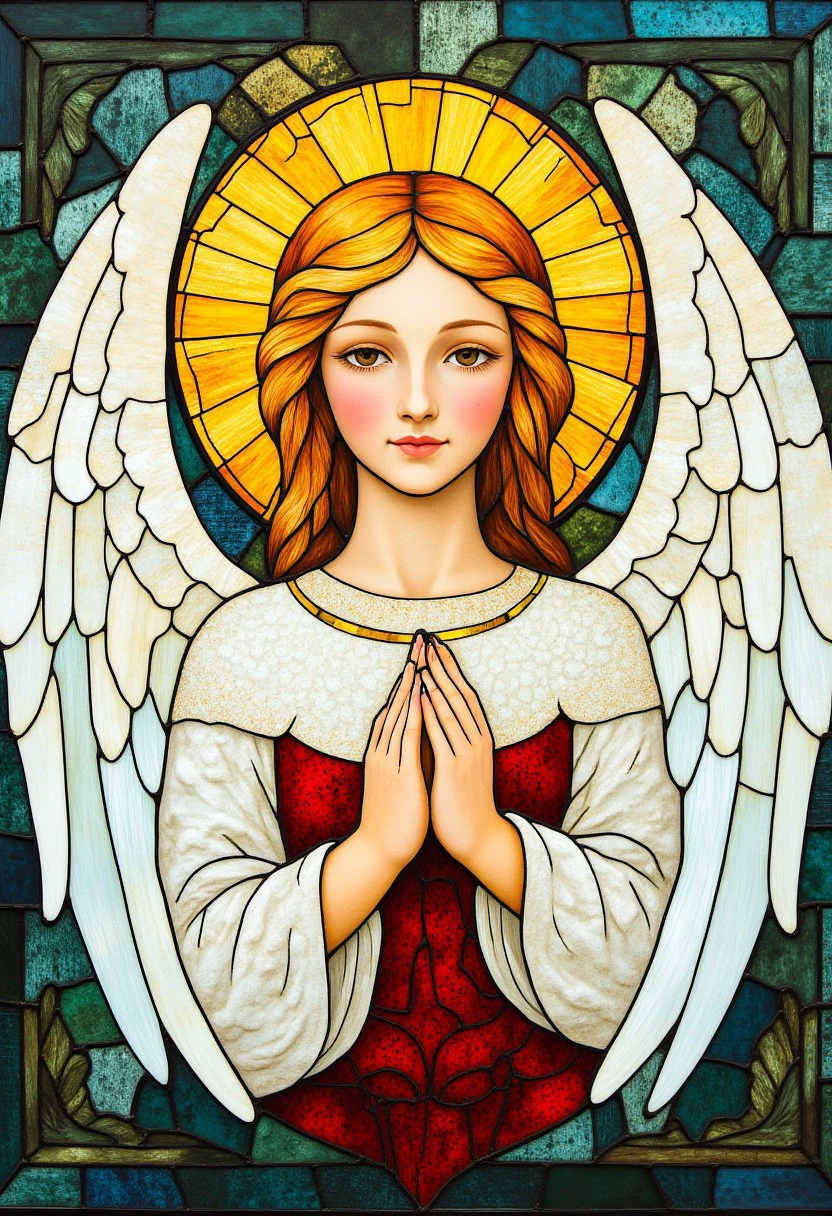 an angel with white wings and a halo, stained glass style