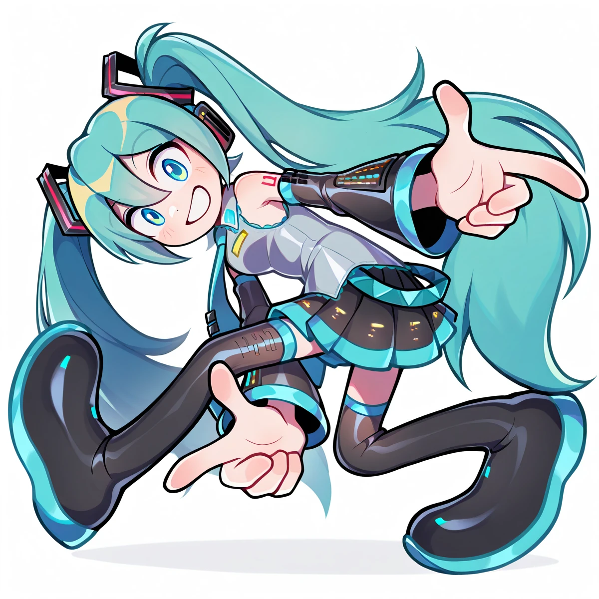 <lora:Sonic_Adventure_Pose_Illustrious-000009:1> masterpiece, absurdres, highres, 4k, by Fumiko, by Sou Fujimoto, by TeamLab, by Mikko Lagerstedt, 1girl, hatsune miku, long sleeves, bare shoulders, skirt, thighhighs, sonic adventure pose, looking at viewer, grin, teeth, full body, simple background, white background