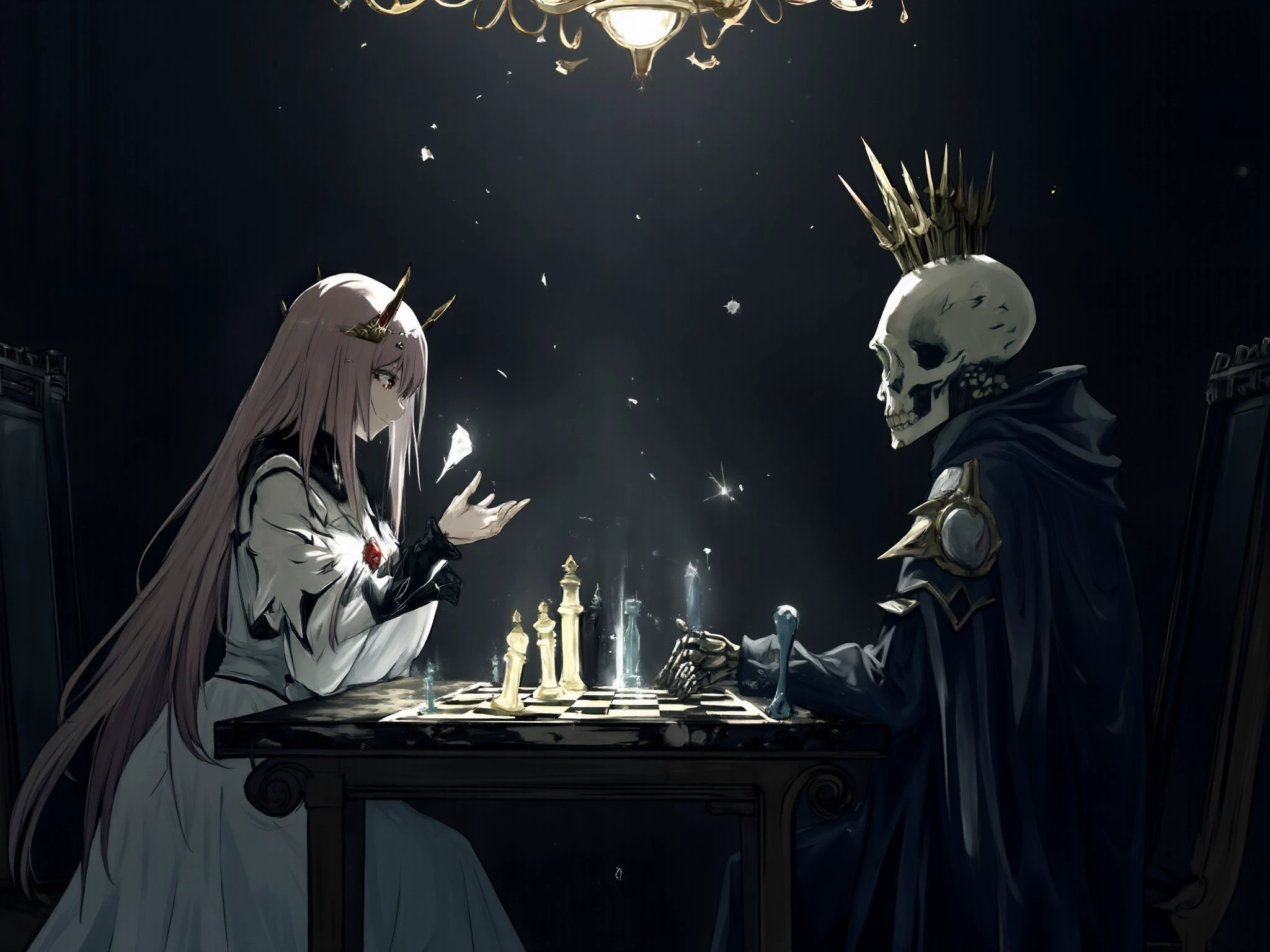 <lora:theresa-from-arknights-fluxv1:1.7> theresa
The scene depicts two characters engaged in an intense chess match. Theresa sits regally across from Death at a grand black-and-white marble chessboard. She wears her signature flowing white dress adorned with intricate black accents that glow faintly in the dimly lit chamber. Her long, cascading hair frames her composed expression as her piercing red eyes fixate on the board. Her fingers rest lightly on a chess piece, as if considering a move to counter Death’s check.
Across from her sits Death, cloaked in a shadowy black robe with a deep hood that obscures most of its skeletal face. A jagged crown of crystalline shards rests atop its skull, shimmering faintly in the eerie light. One skeletal hand hovers over the chessboard, ready to make its next move, while the other rests ominously on the armrest of its throne. The interaction between the two exudes tension and gravitas.
The chessboard itself is intricately designed, with Theresa’s side resembling noble knights and royalty, while Death’s pieces are spectral and shadowy, exuding a dark aura. The board glows faintly, reflecting the light of the massive gothic chandelier above.
Style:
Dark, gothic realism with dramatic contrasts of light and shadow. The intricate detailing of Theresa’s dress, Death’s crystalline crown, and the chessboard pieces enhances the scene’s visual complexity and tension.
Camera effects:
The camera is positioned slightly above and angled to the side, capturing both characters and the chessboard in equal prominence. The lighting emphasizes Theresa’s glowing dress and Death’s crystalline crown while casting dramatic shadows across the board, heightening the tension of the moment.
