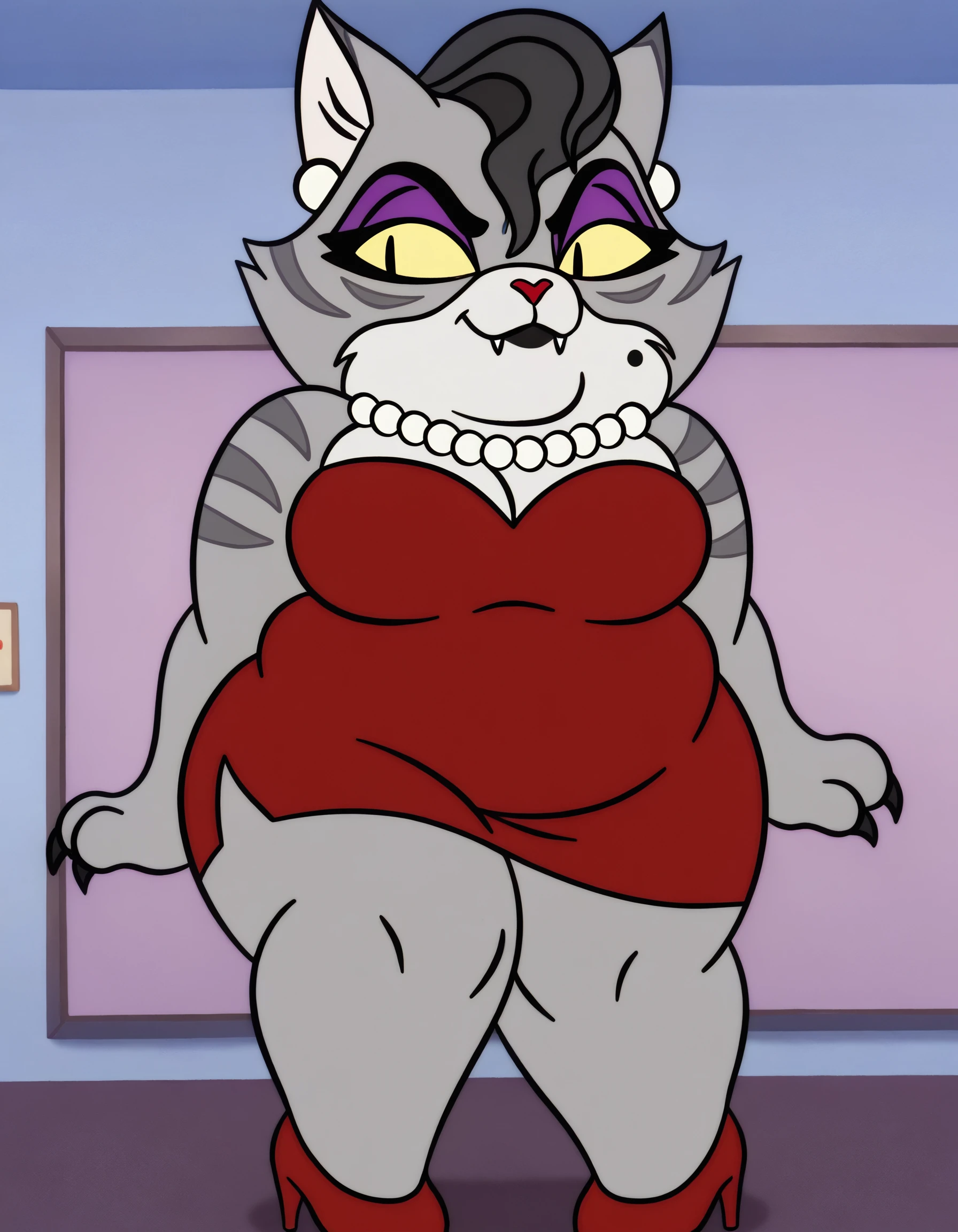 highly detailed photo, sharp details, masterpiece, best quality, realistic, 4k RAW, photo, <lora:Mrs. Katswell:1>, cartoon charater, female, furry, cat, tan fur, black hair, green eyes, blue dress, apron, (thick thighs:1.3), (wide hips:1.4), (cellulite:1.1), (large boobs:1.3), lying, on bed, <lora:BGV5EX:1>