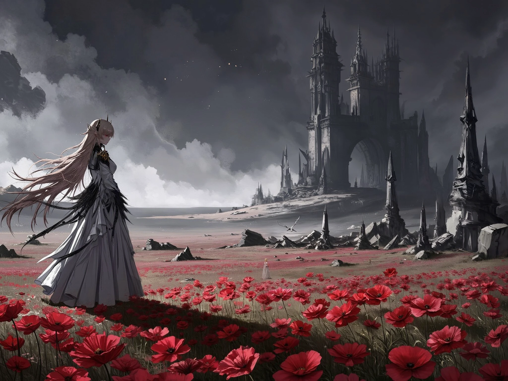 <lora:theresa-from-arknights-fluxv1:1.8> theresa
The scene features Theresa standing in the middle of a vast field of red poppies, her delicate figure almost blending into the sea of vibrant crimson flowers. She is positioned in the distance, her flowing white dress with black accents softly billowing in the faint, unnatural breeze. Her long, cascading hair shimmers faintly in the dim, colorless light. Theresa’s expression is melancholic, her piercing red eyes meeting the viewer as she offers a sorrowful, gentle smile, as if reflecting on a lost past.
The horizon is dominated by towering, jagged black crystals that pierce the sky, their sharp edges glowing faintly with an ominous energy. Among the crystals lie the ruins of a once-majestic city, its grand spires and arches now broken and forgotten. The landscape speaks of desolation and tragedy.
Above, the sky is an eerie void—featureless and devoid of stars, sun, or moon. The light is cold and unnatural, casting long, faint shadows across the field of poppies and the ruins in the distance. The lack of a proper sky creates a surreal, haunting atmosphere, as if the world itself is fractured and incomplete.
Style:
A blend of surrealism and gothic fantasy, with rich detailing in the poppy field and the hauntingly sharp textures of the black crystals. The muted colors of the background contrast with the vibrant red of the poppies, creating a striking visual dichotomy.
Camera effects:
The camera is positioned far away, focusing on the wide landscape, with Theresa appearing small yet distinct within the scene. The soft focus on the background highlights the eerie ruins and black crystals, while Theresa remains the subtle focal point, her figure and expression conveying the emotional weight of the scene.
